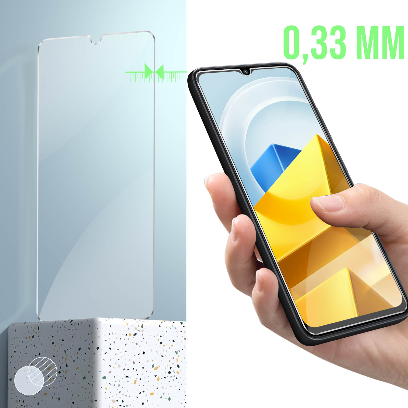 Un telefono è tenuto in mano, accanto a una protezione per lo schermo. La protezione è su un supporto bianco.