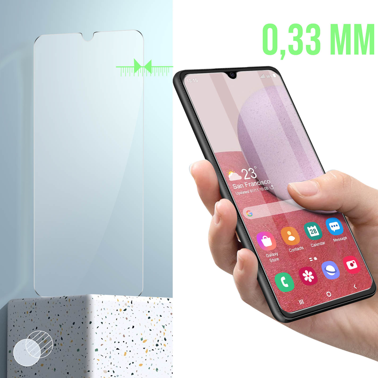 Un protecteur d'écran et un téléphone affichant l'écran. Le texte vert indique 0,33 MM.