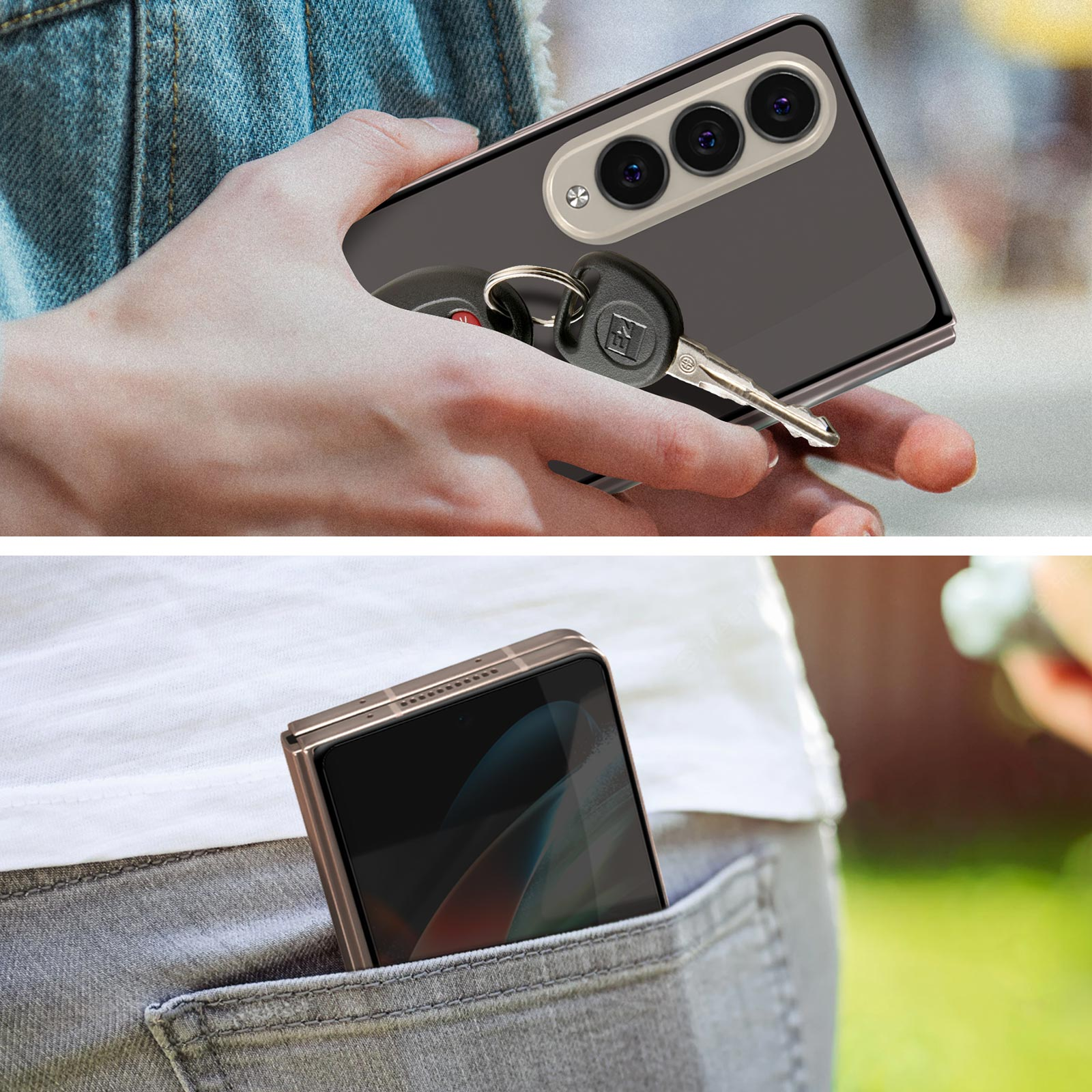 Una persona tiene in mano un telefono e delle chiavi, e un telefono in tasca.