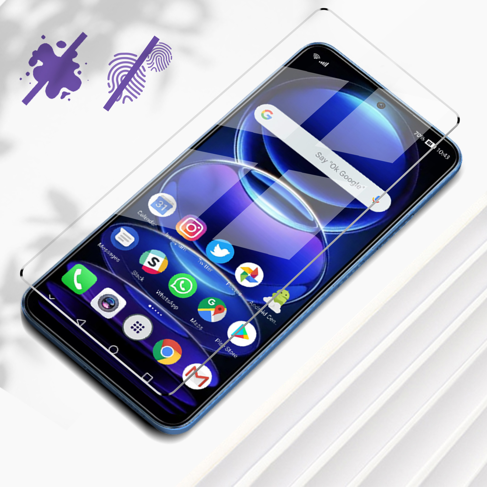 Smartphone avec protecteur d'écran, icônes d'applications, éclaboussure violette et empreinte digitale.