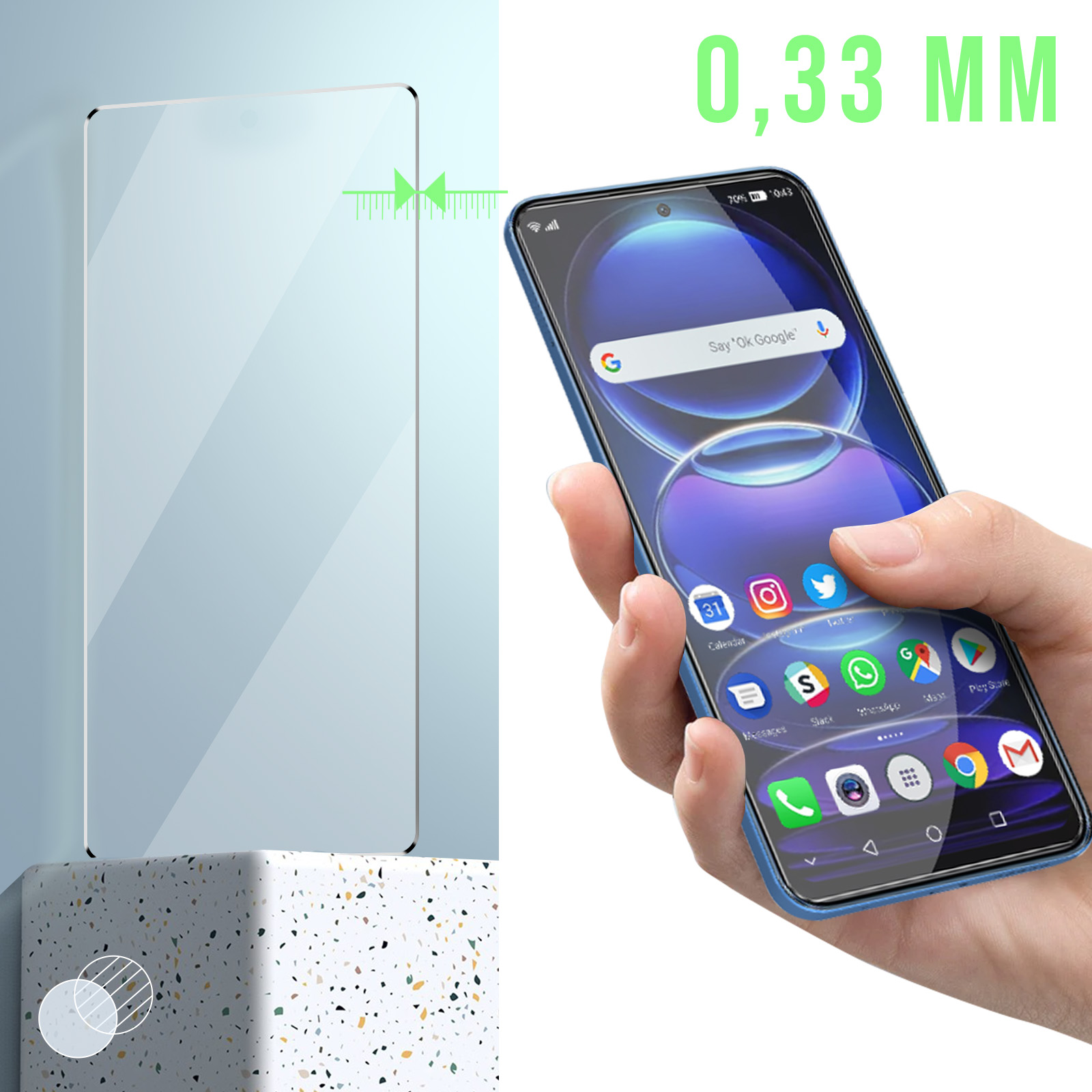 Un écran de téléphone et un protecteur d'écran. Le protecteur d'écran affiche une épaisseur de 0,33 mm.