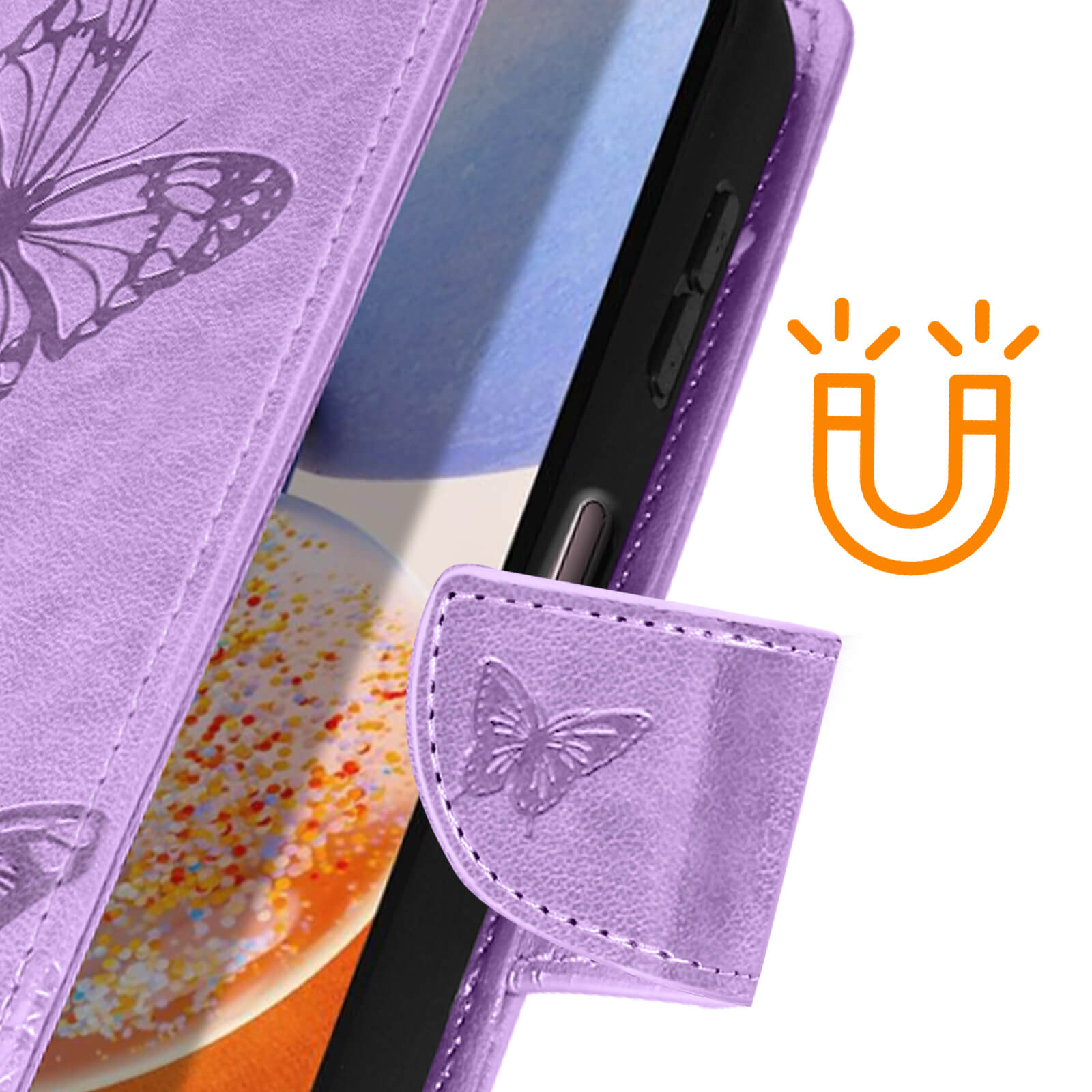 Lila Handyhülle mit Schmetterlingsmuster, Magnetverschluss. Ein Magnet-Symbol wird gezeigt.