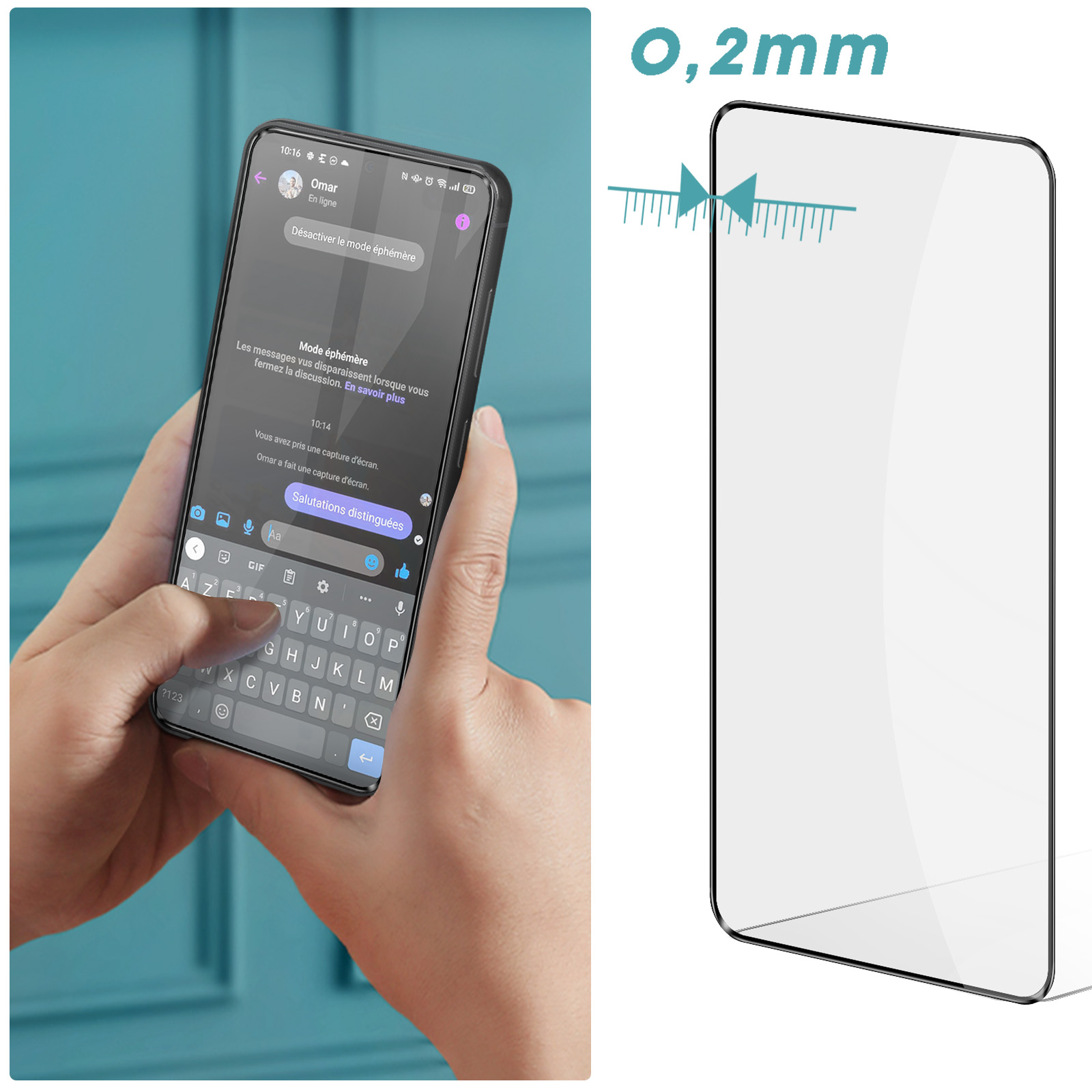 Een telefoon toont een chatscherm. Ernaast ligt een schermbeschermer, die de dikte laat zien.