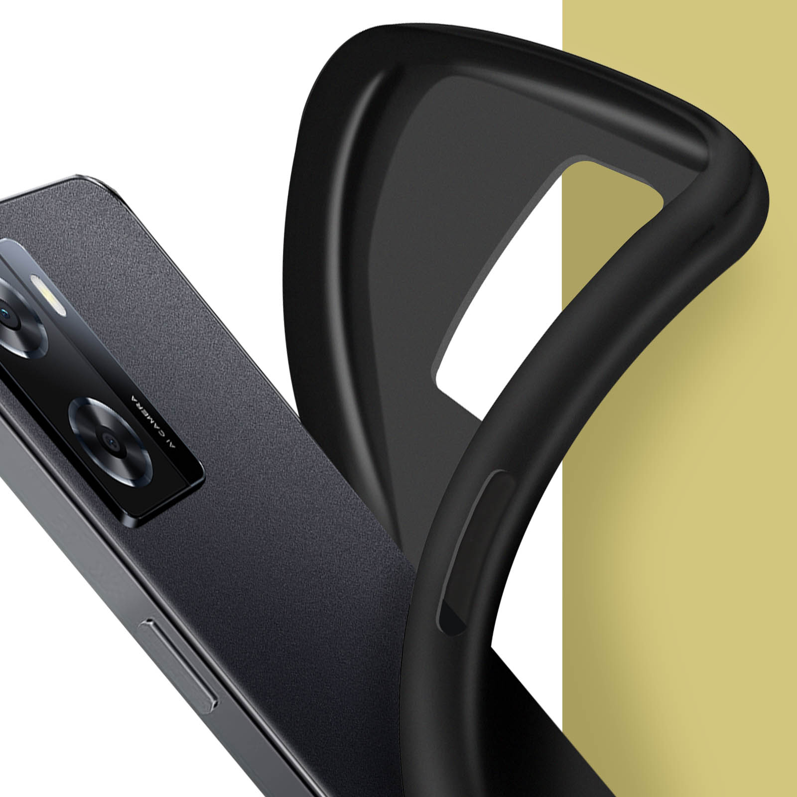 Telefono nero con custodia nera, sfondo giallo e oro, e fotocamera visibile.