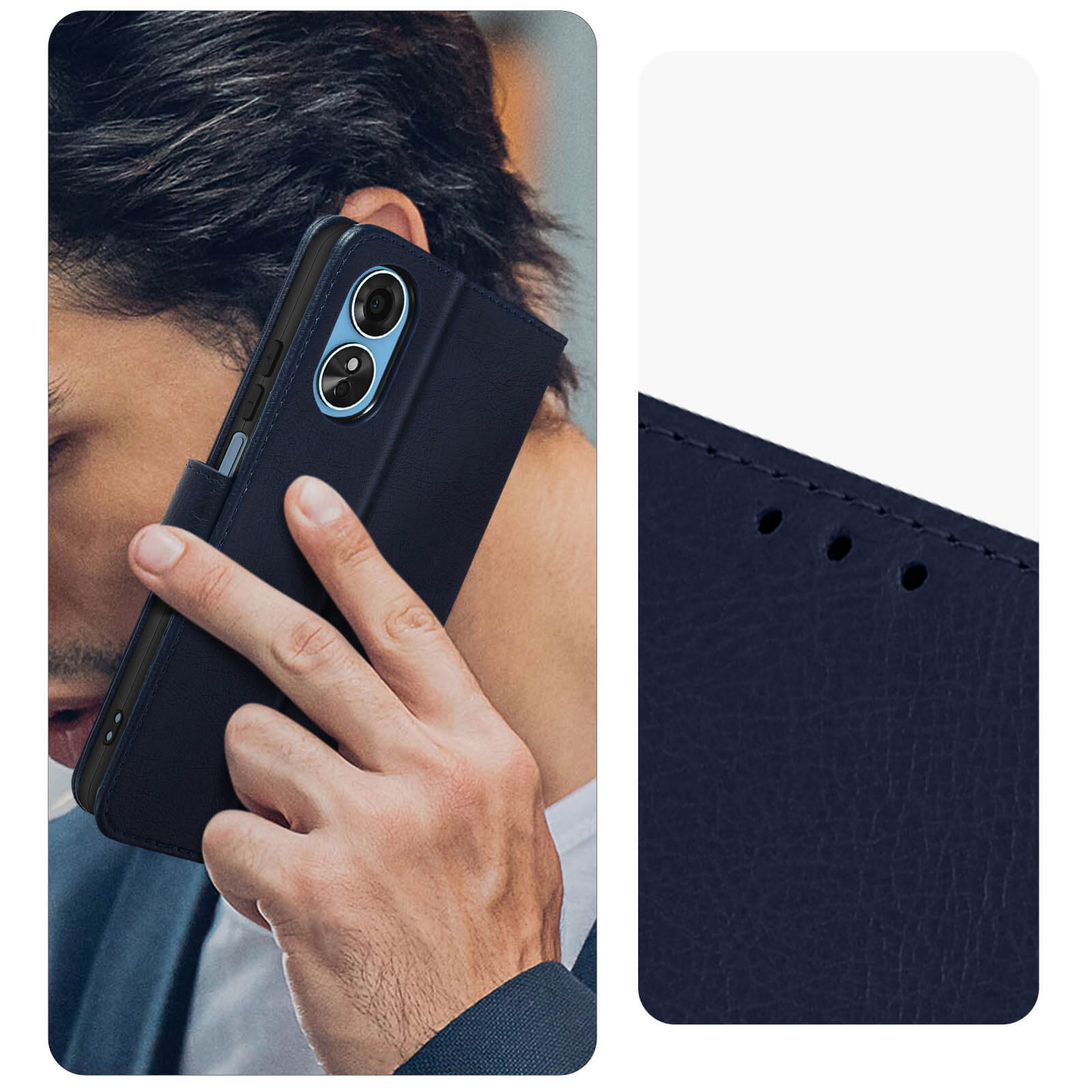 Una persona è al telefono. Tengono un telefono in una custodia di pelle blu.