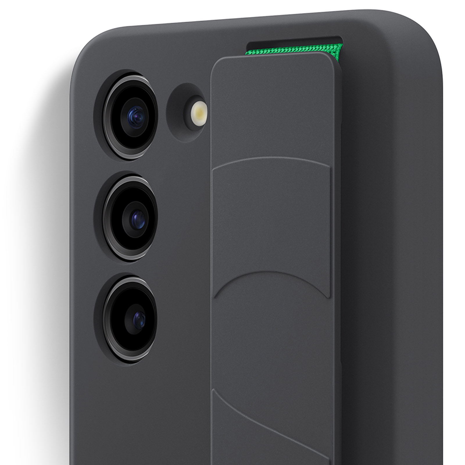 Donkergrijze telefoon met drie camera's en een stand. Groen accent aan de zijkant.