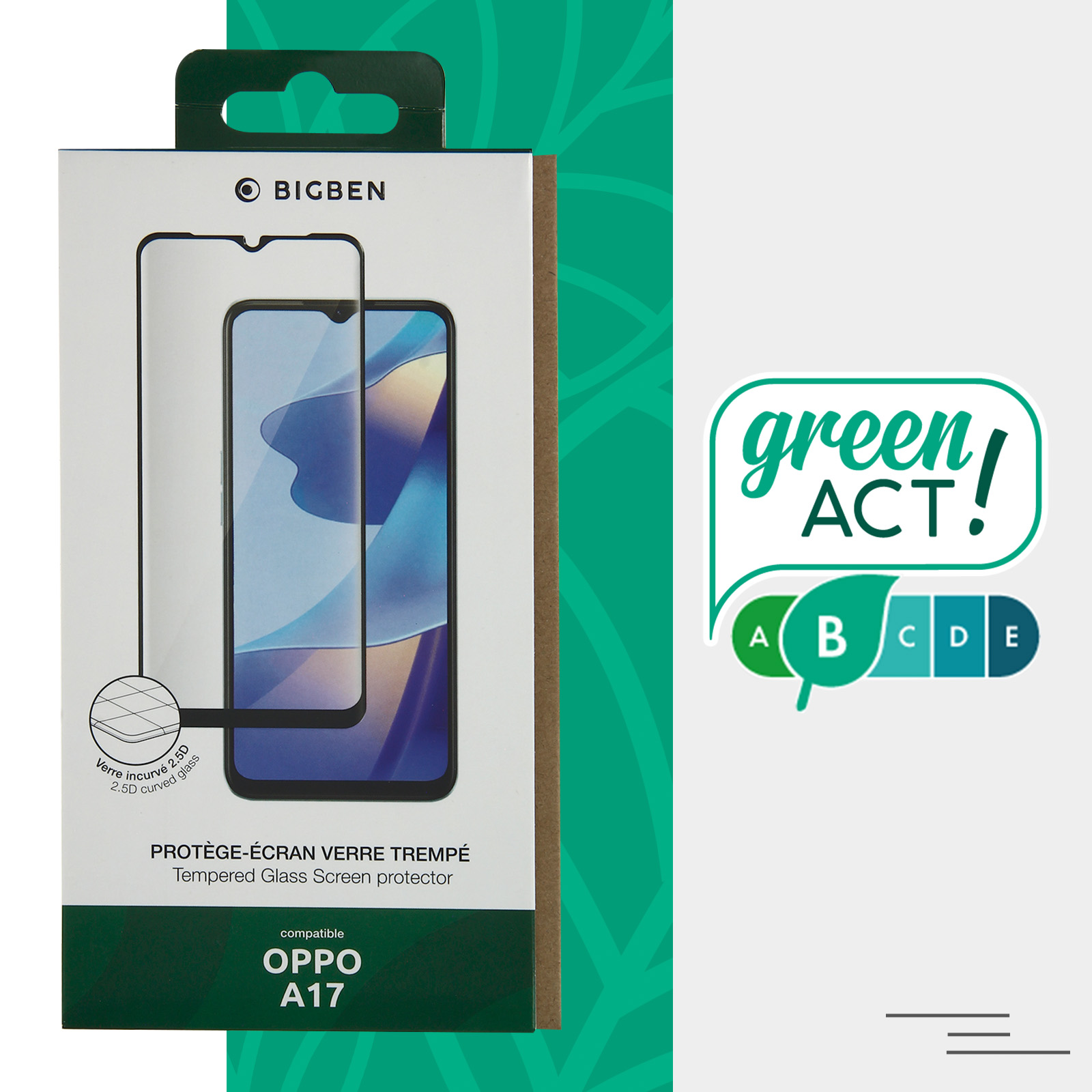 Boîte avec protection d'écran. Logo Green Act. Compatible avec Oppo A17. Protection visible.