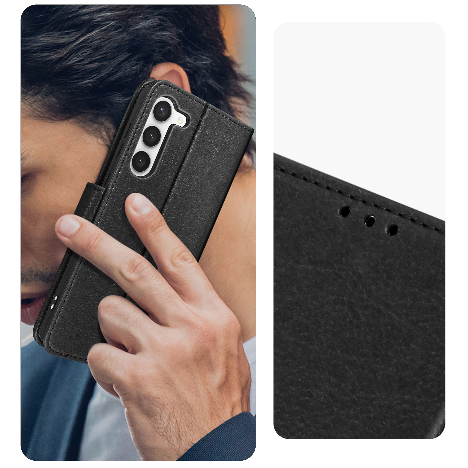 Een man die een telefoon in een zwarte hoes tegen zijn oor houdt. Een close-up van de textuur van de hoes wordt getoond.