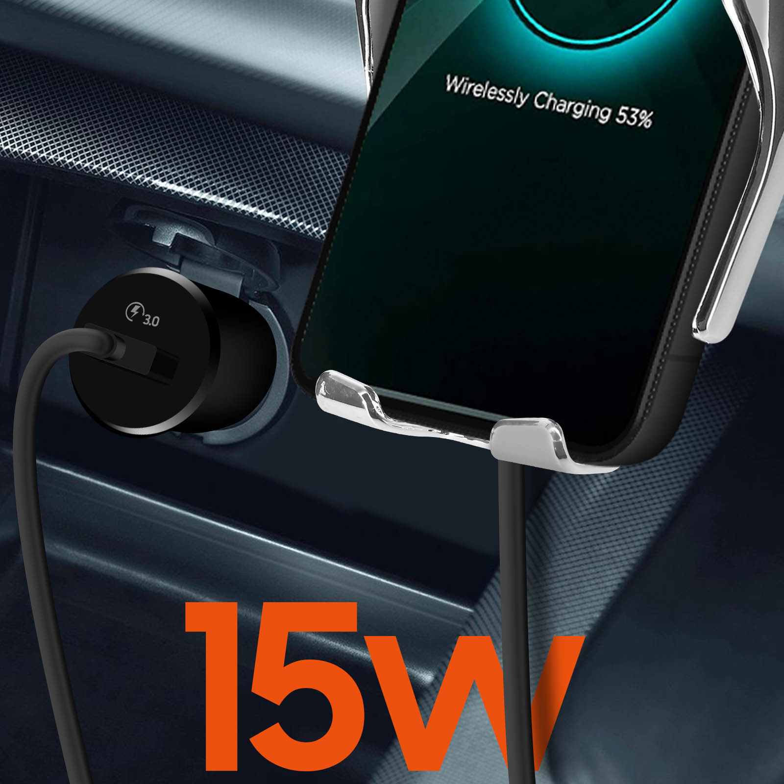 Caricabatterie per auto con ricarica wireless del telefono. Testo: 15W.