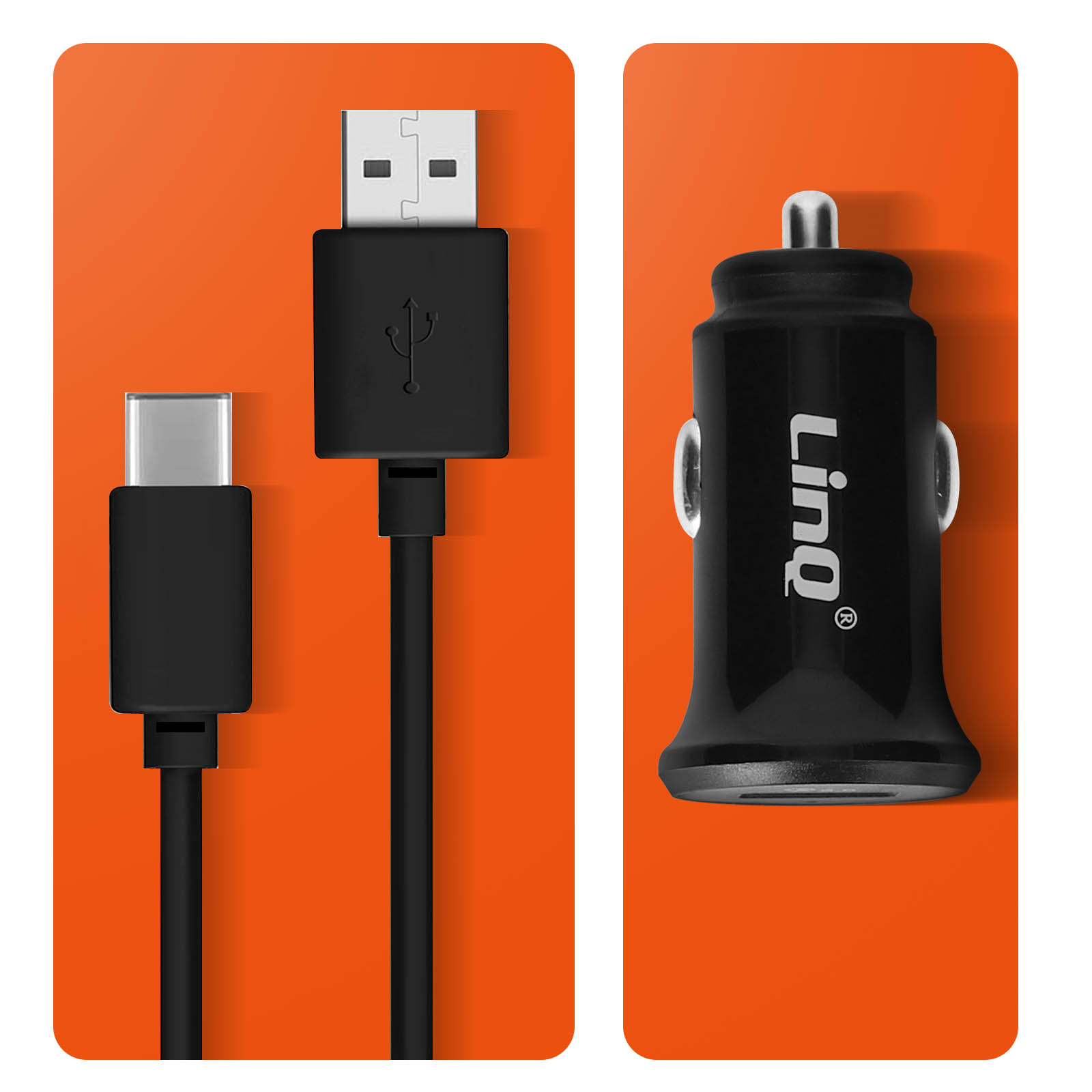 Cavo USB-C nero e caricabatteria da auto nero con porta USB, entrambi su sfondo arancione.