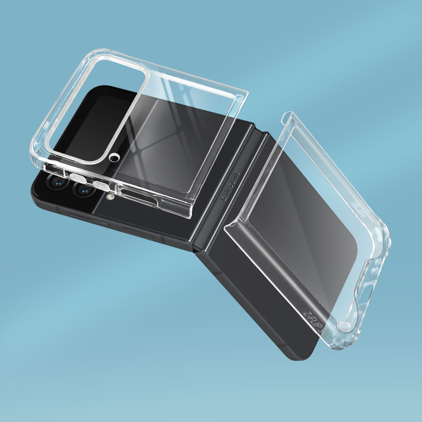 Telefono Samsung Z Flip 3 nero con custodie protettive trasparenti, parzialmente aperto, su sfondo blu.