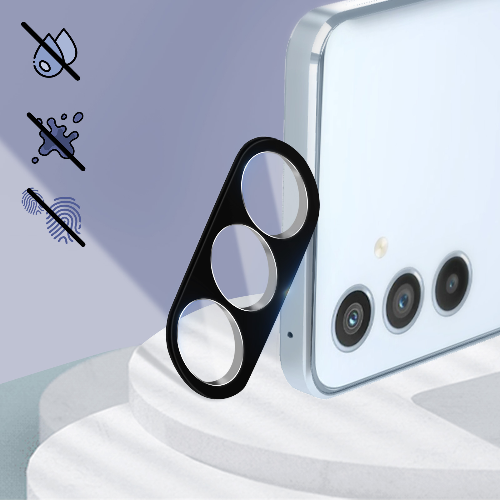 Protecteur d'objectif de téléphone noir avec trois cercles et des icônes, sur fond bleu clair.