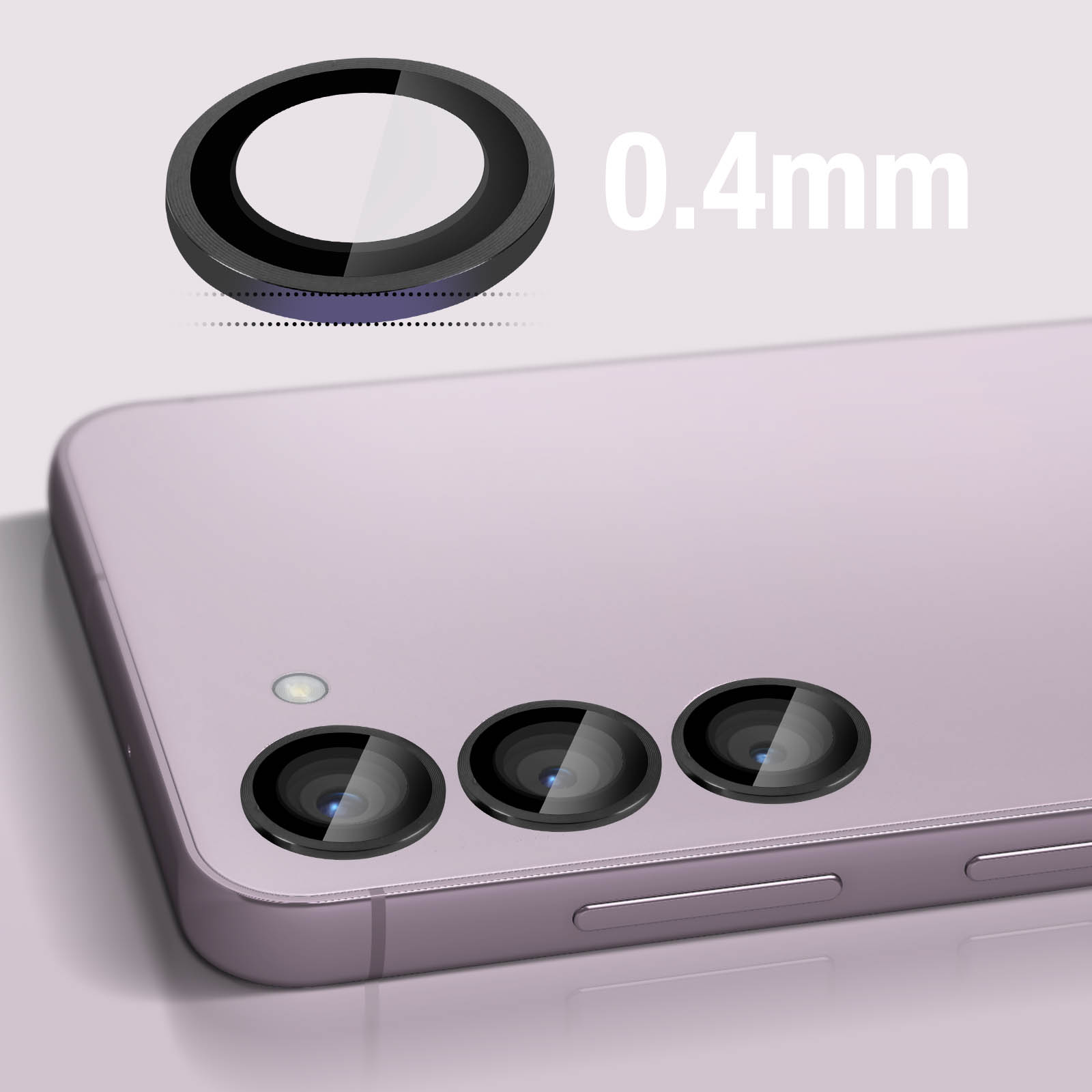 Un protecteur d'objectif d'appareil photo de téléphone et l'appareil photo du téléphone sont affichés. Le cache de l'objectif est de forme circulaire.