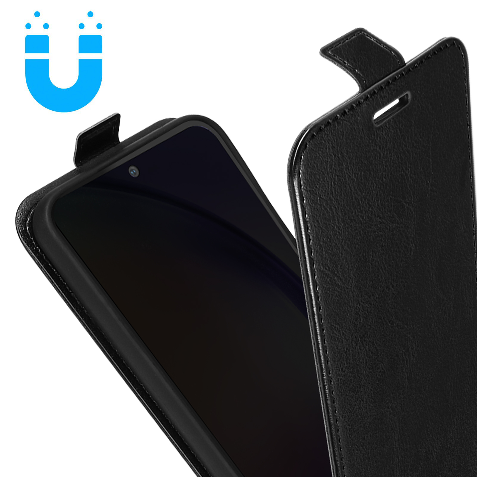 Een zwarte telefoonhoes met een magneetontwerp linksboven.