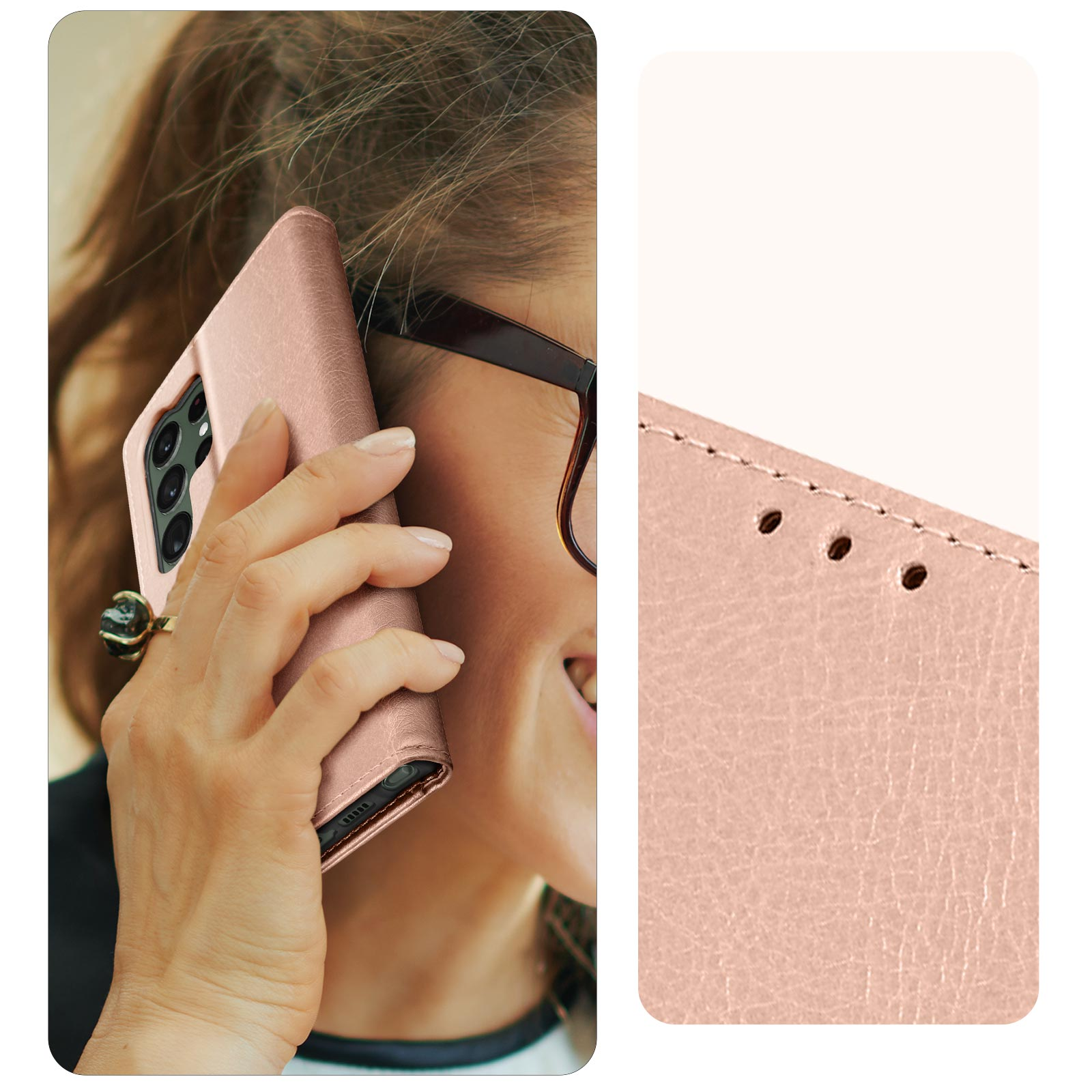 Een vrouw houdt een roze telefoon vast. Close-up toont de textuur van de telefoonhoes. Ze draagt een bril.