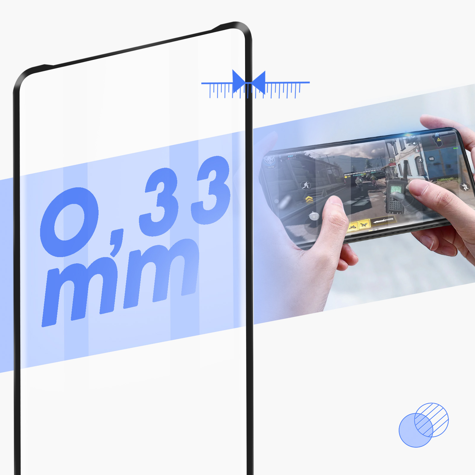 Proteggi schermo con testo 0,33 mm. Telefono mostra un gioco. Sfondo blu.