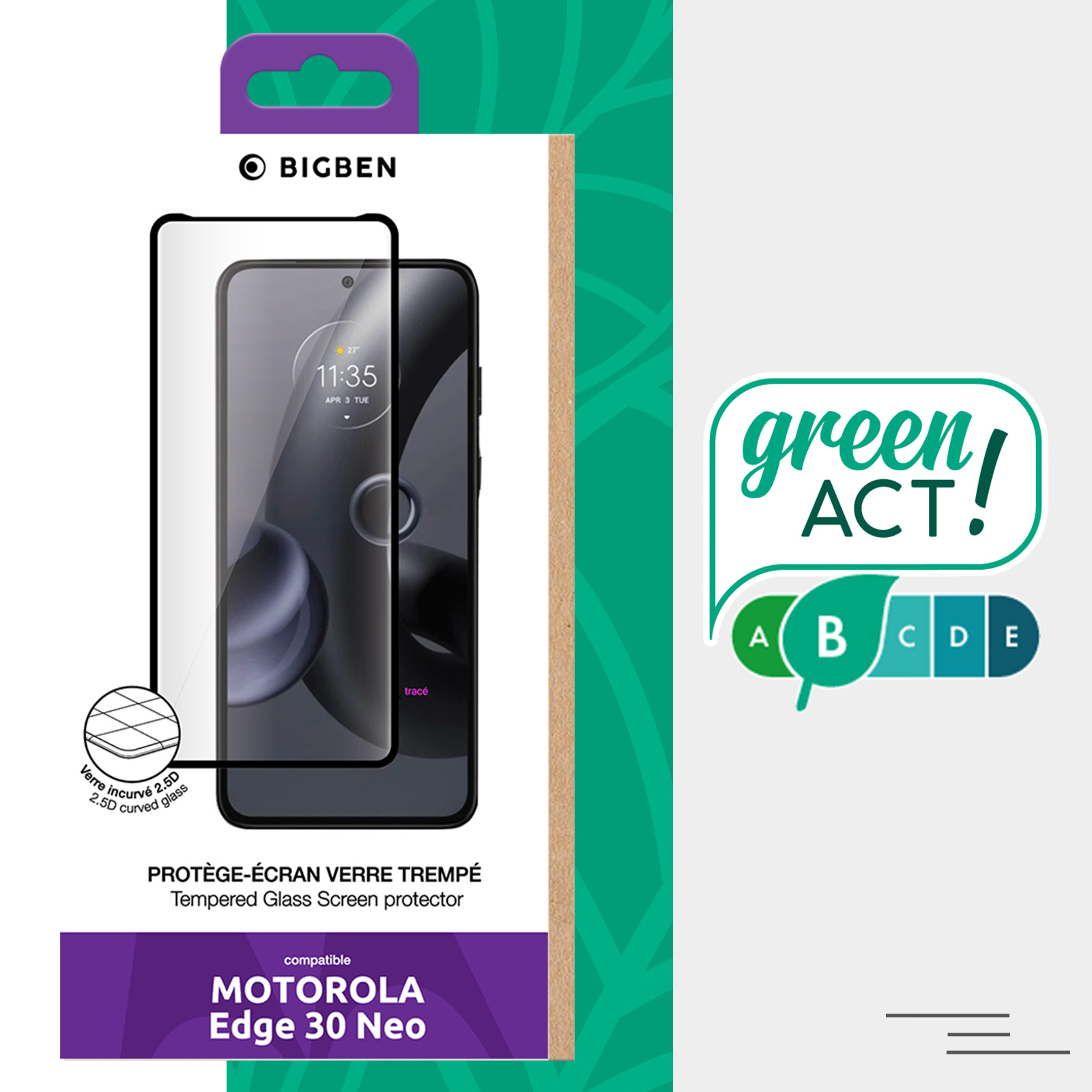 Un imballaggio di protezione dello schermo del telefono. La confezione contiene una protezione schermo e un adesivo verde ACT!.