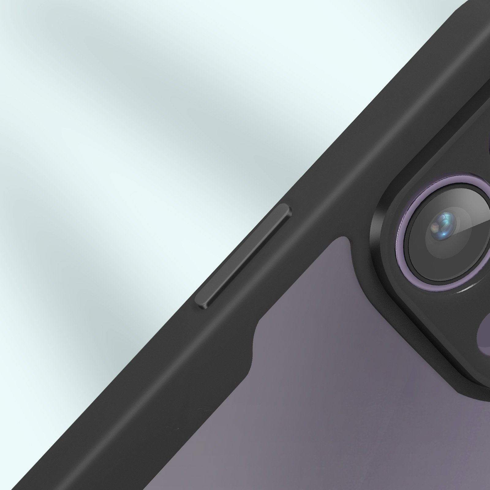 Coque de téléphone noire avec module caméra et bouton latéral, fond dégradé.