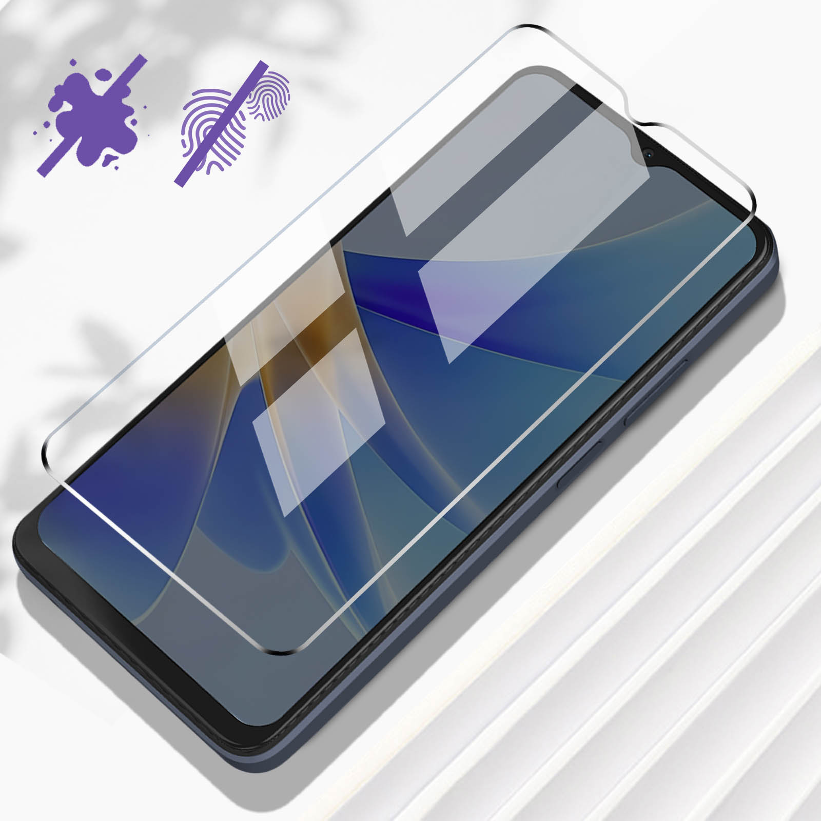 Protecteur d'écran sur un téléphone. Le protecteur a une icône anti-empreintes digitales.