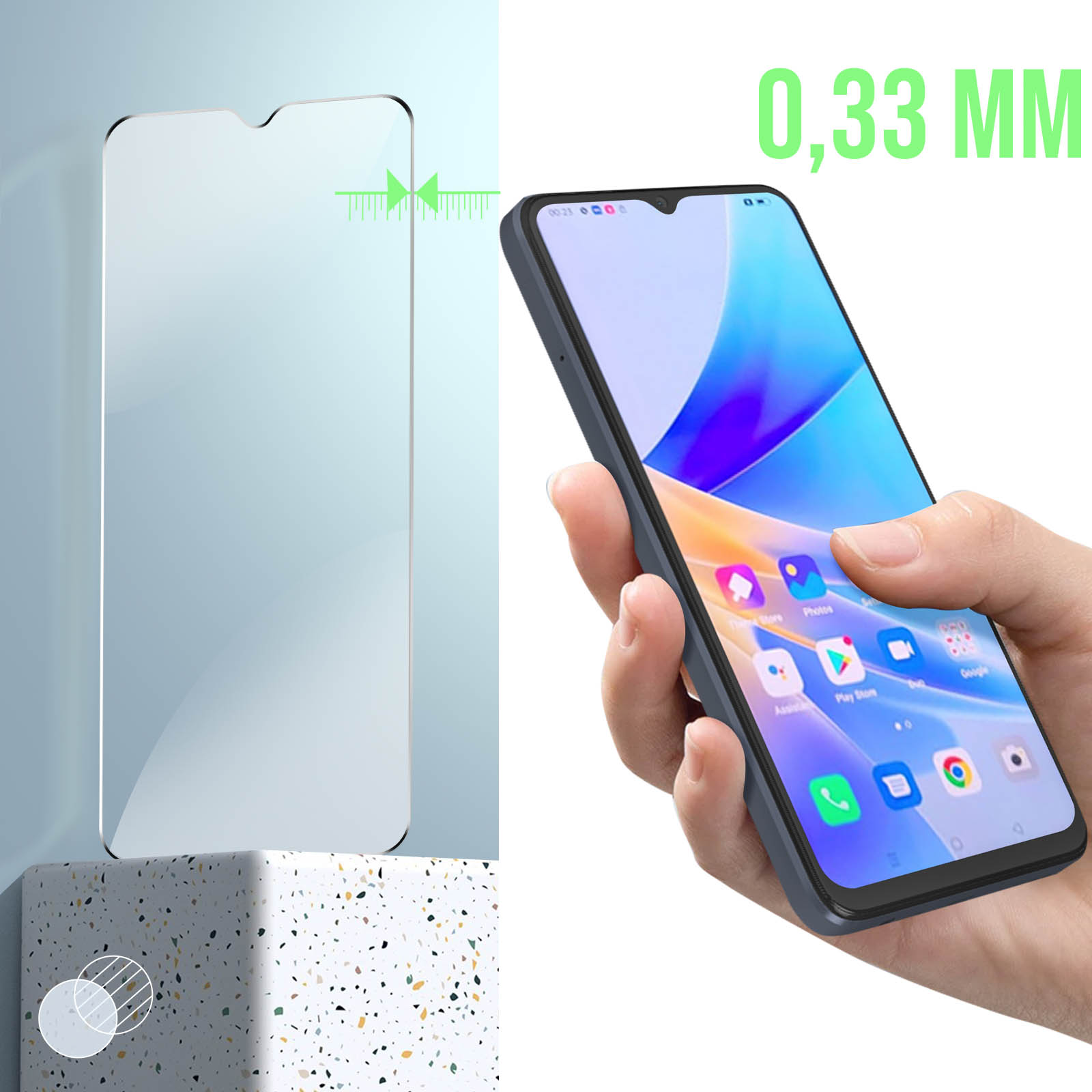 Telefoon met schermbeschermer. Apps worden weergegeven en de dikte van de beschermer.