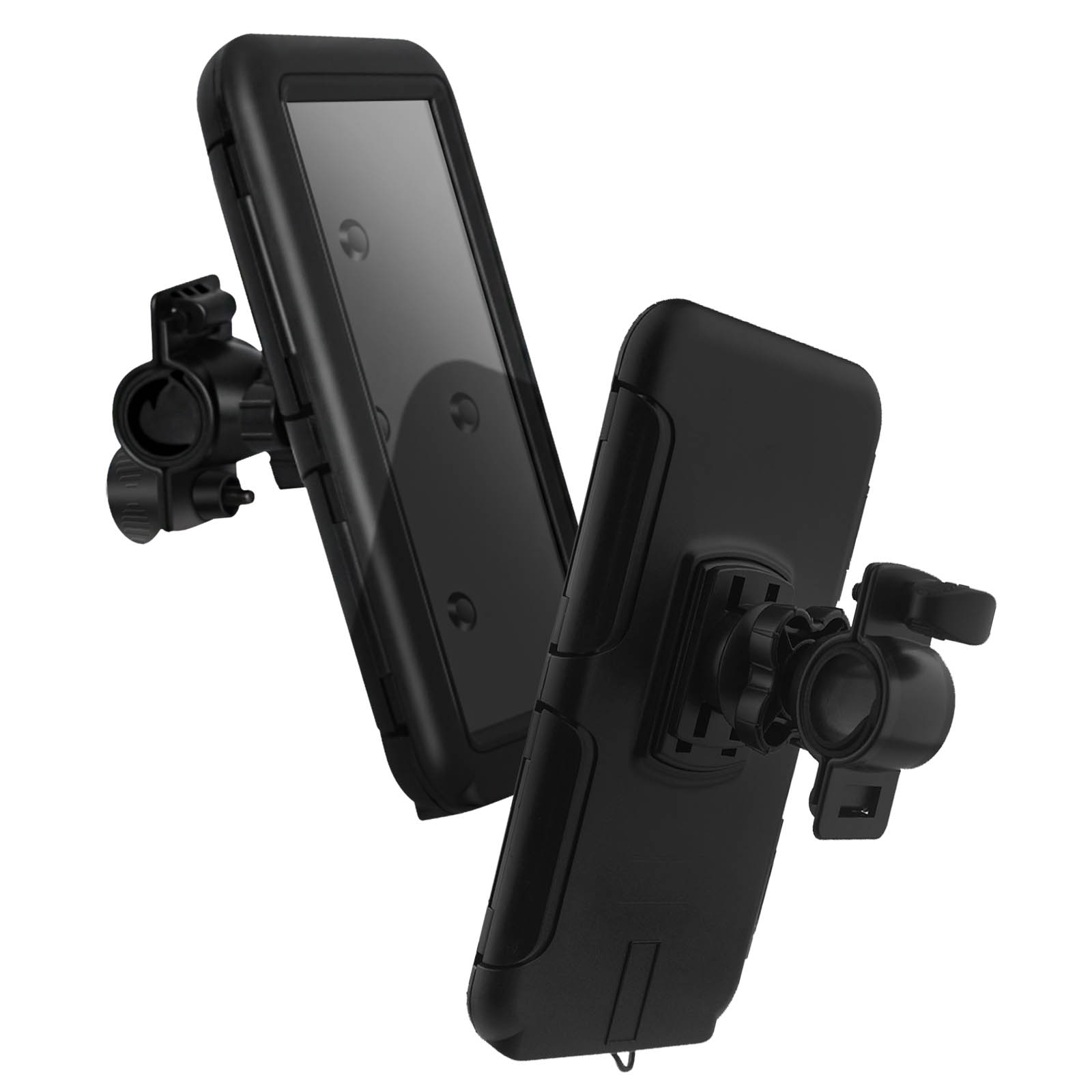 Custodia nera per telefono montata su bici. Una aperta. Nero e rotondo.