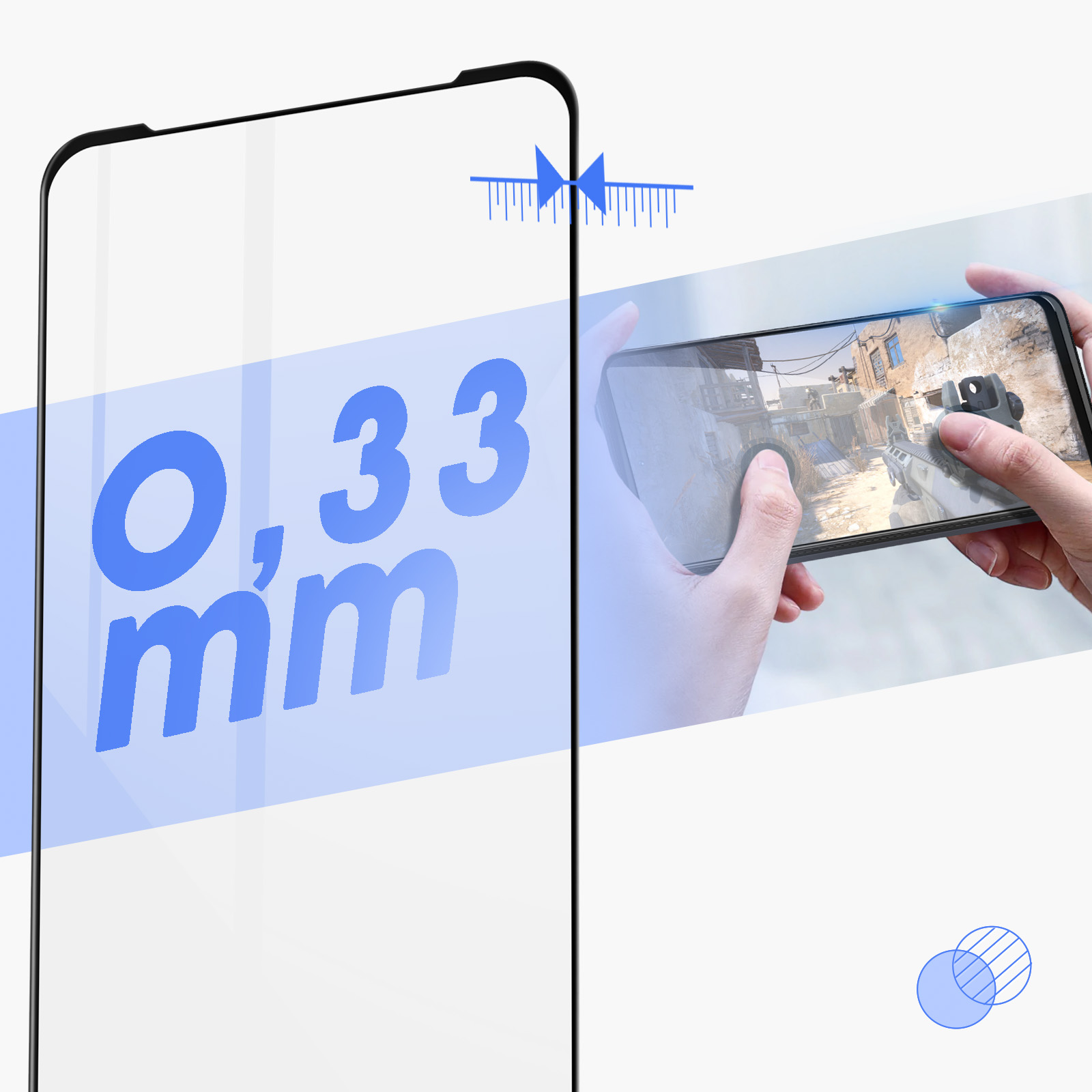 Un proteggi schermo con scritto 0,33 mm. Un telefono sta giocando sullo sfondo.