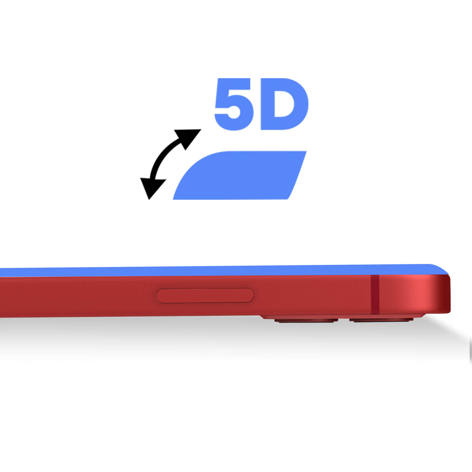 Vista laterale del telefono rosso con la scritta "5D". Elemento blu nella parte superiore del telefono.