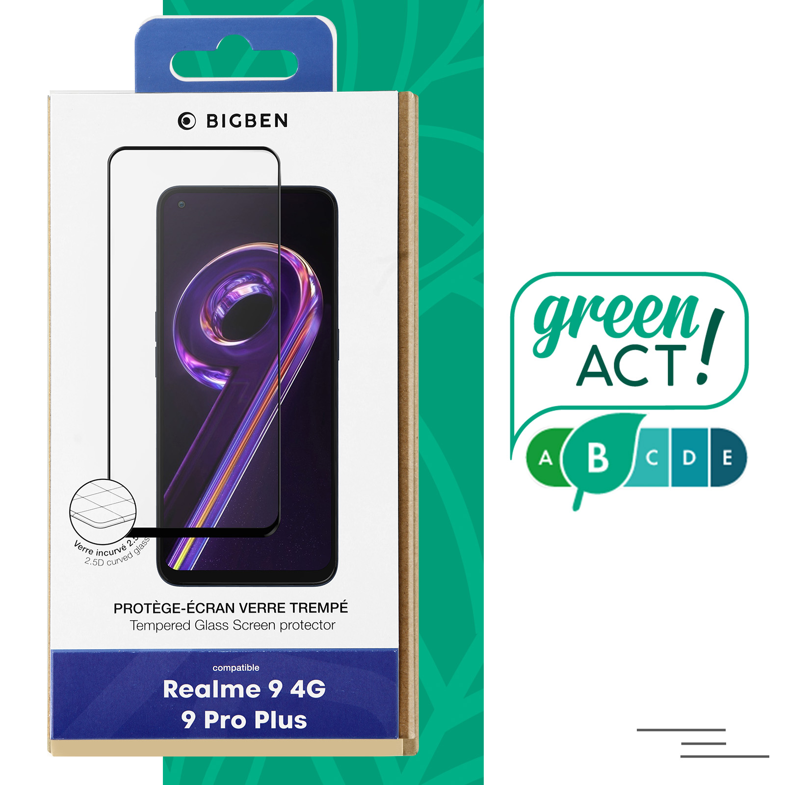 Une boîte de protection d'écran de téléphone et une étiquette énergétique verte sont montrées.