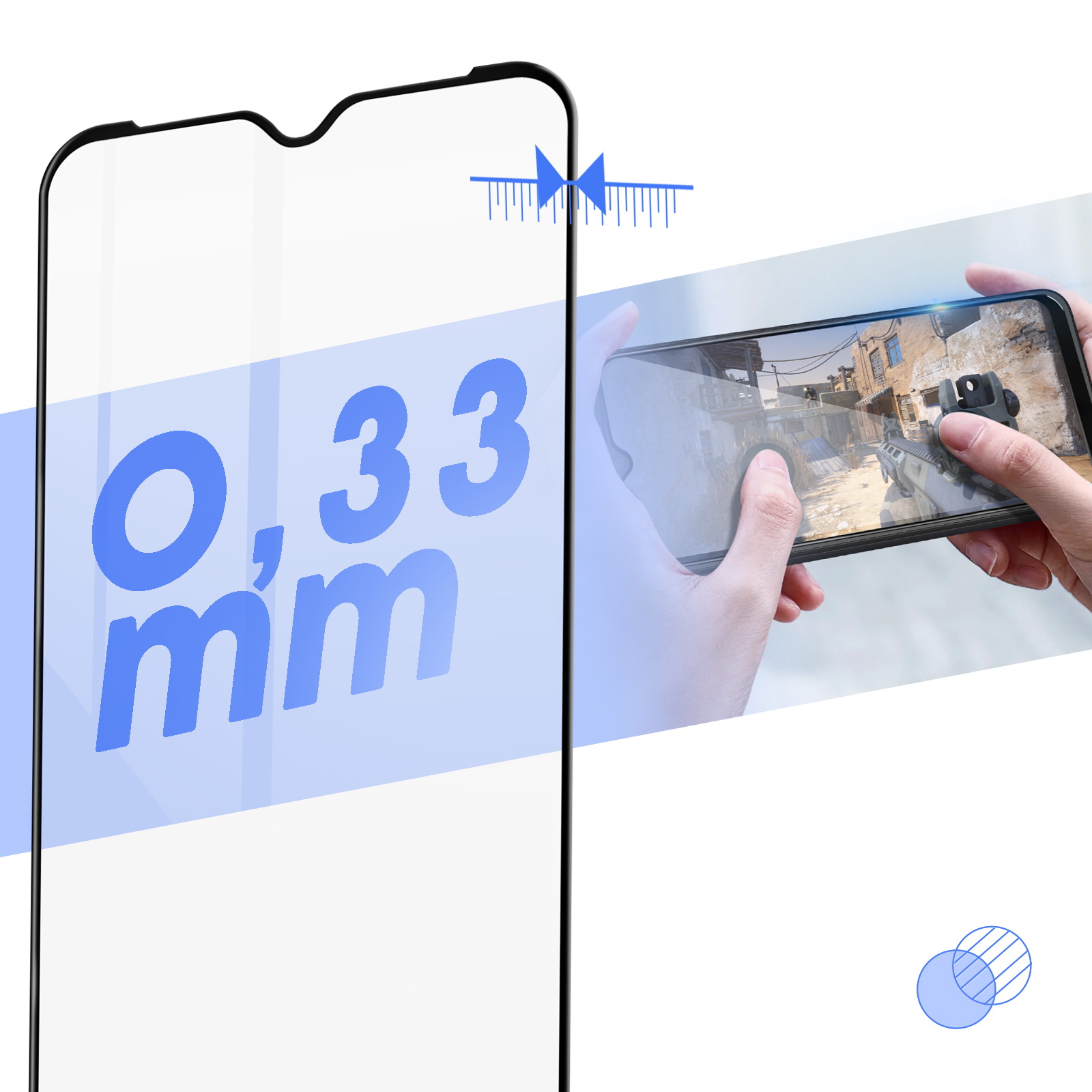 Telefoonschermbeschermer met 0,33 mm tekst. Telefoon toont een game. Witte achtergrond.