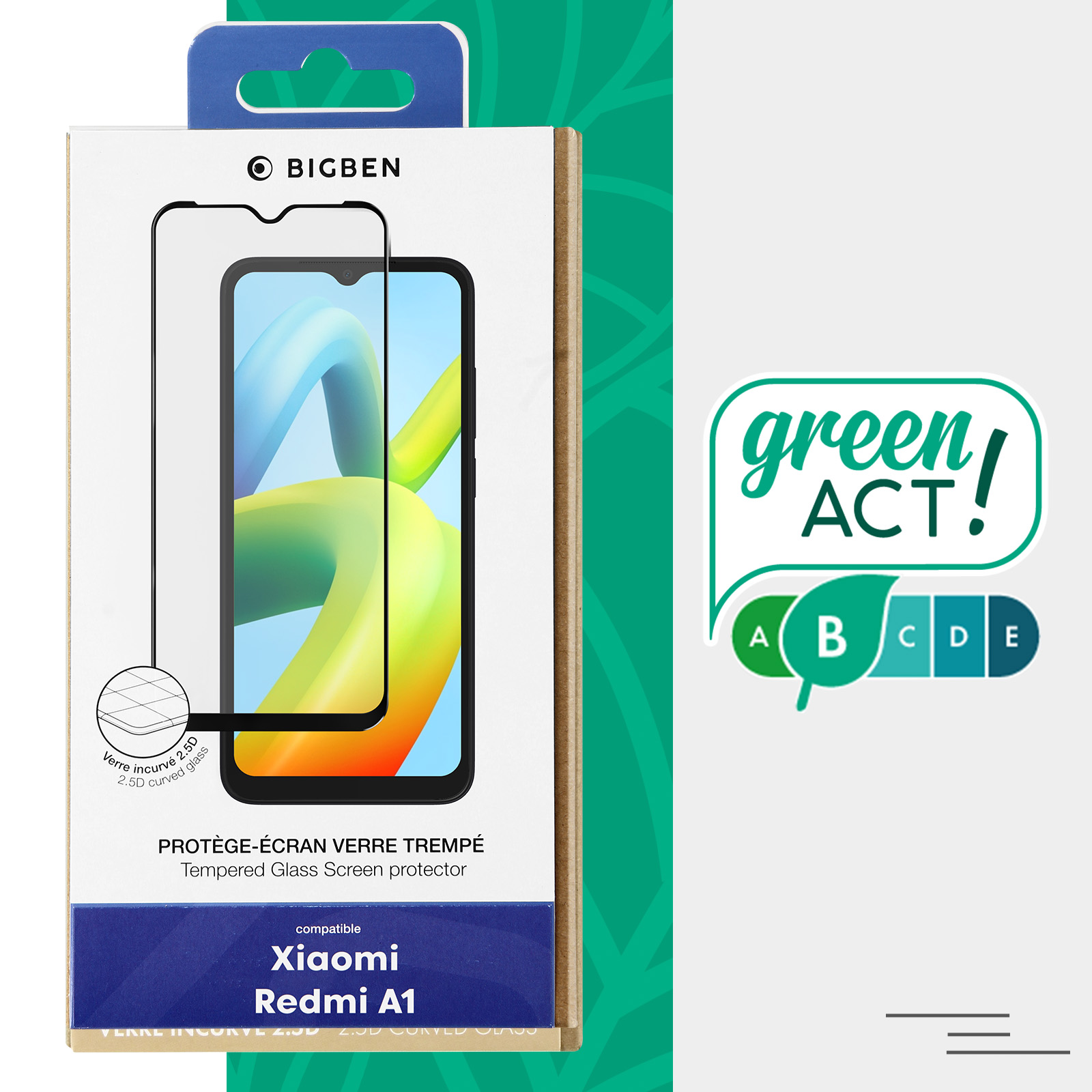 Doosje van gehard glazen schermbeschermer voor Xiaomi Redmi A1. Green Act!-label en telefoonafbeelding.