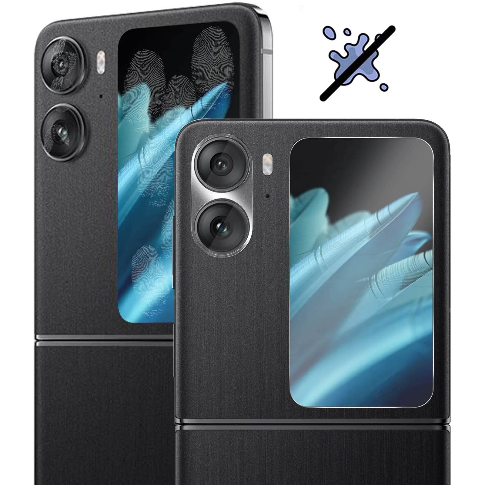 Due smartphone pieghevoli neri con un'illustrazione sui loro schermi. Un'icona di spruzzo e senza spruzzo.