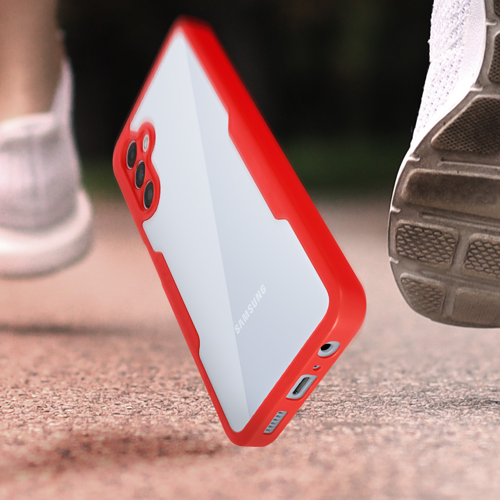 Coque de téléphone rouge et blanche avec un téléphone et une chaussure de course.