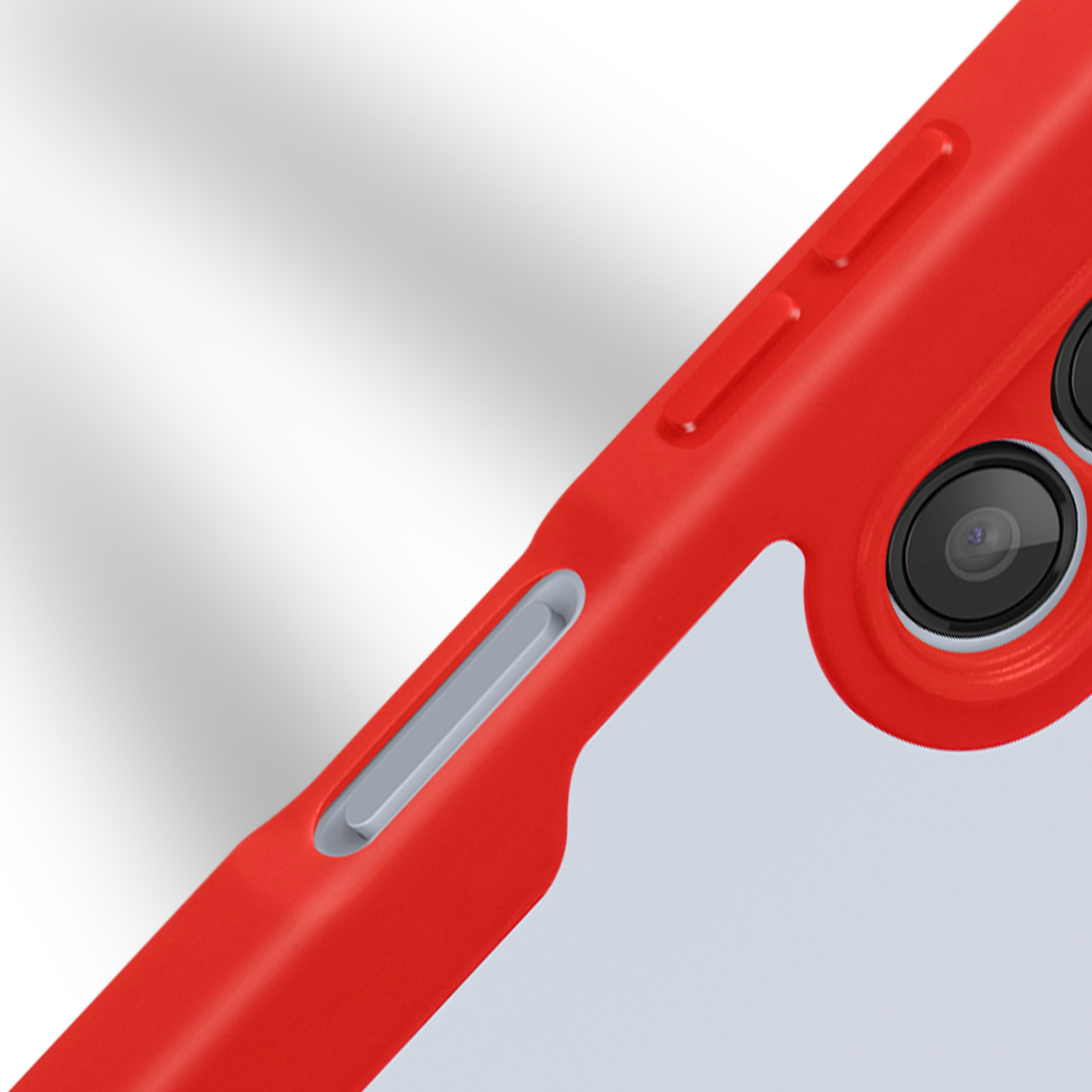 Coque de téléphone rouge et blanche avec les boutons visibles sur le côté, une prise de vue rapprochée.