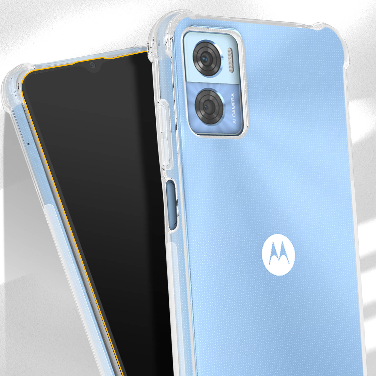 Telefon in blauem Gehäuse. Die Rückseite des Telefons ist sichtbar, mit Kameras.