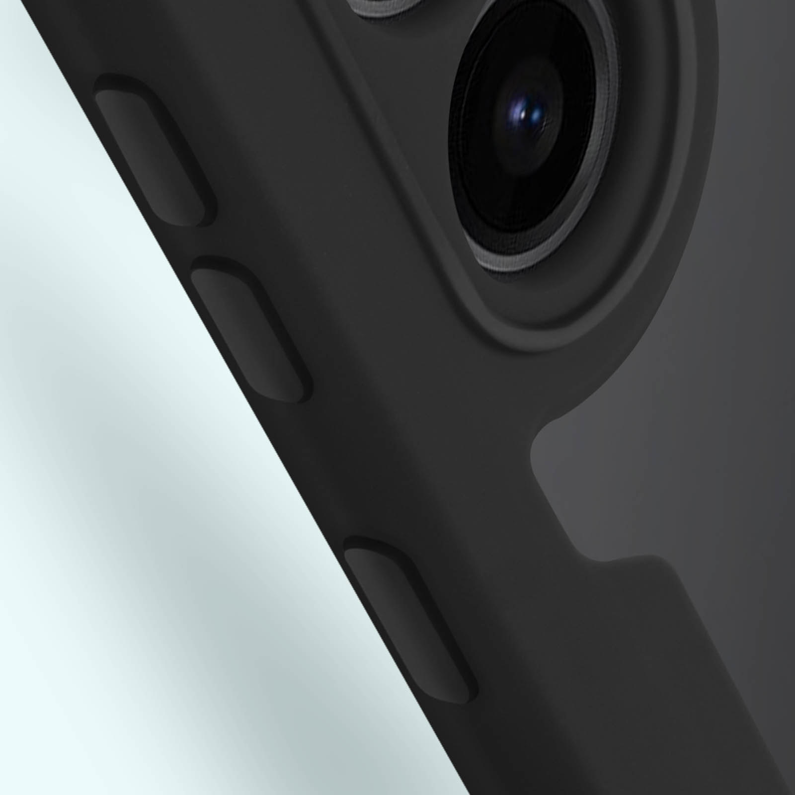 Gros plan d'un téléphone noir. Les objectifs de l'appareil photo et les boutons latéraux sont visibles.