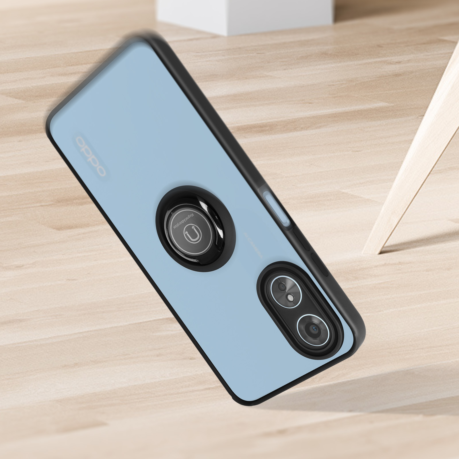 Custodia blu per telefono con anello, che mostra fotocamere e corpo.
