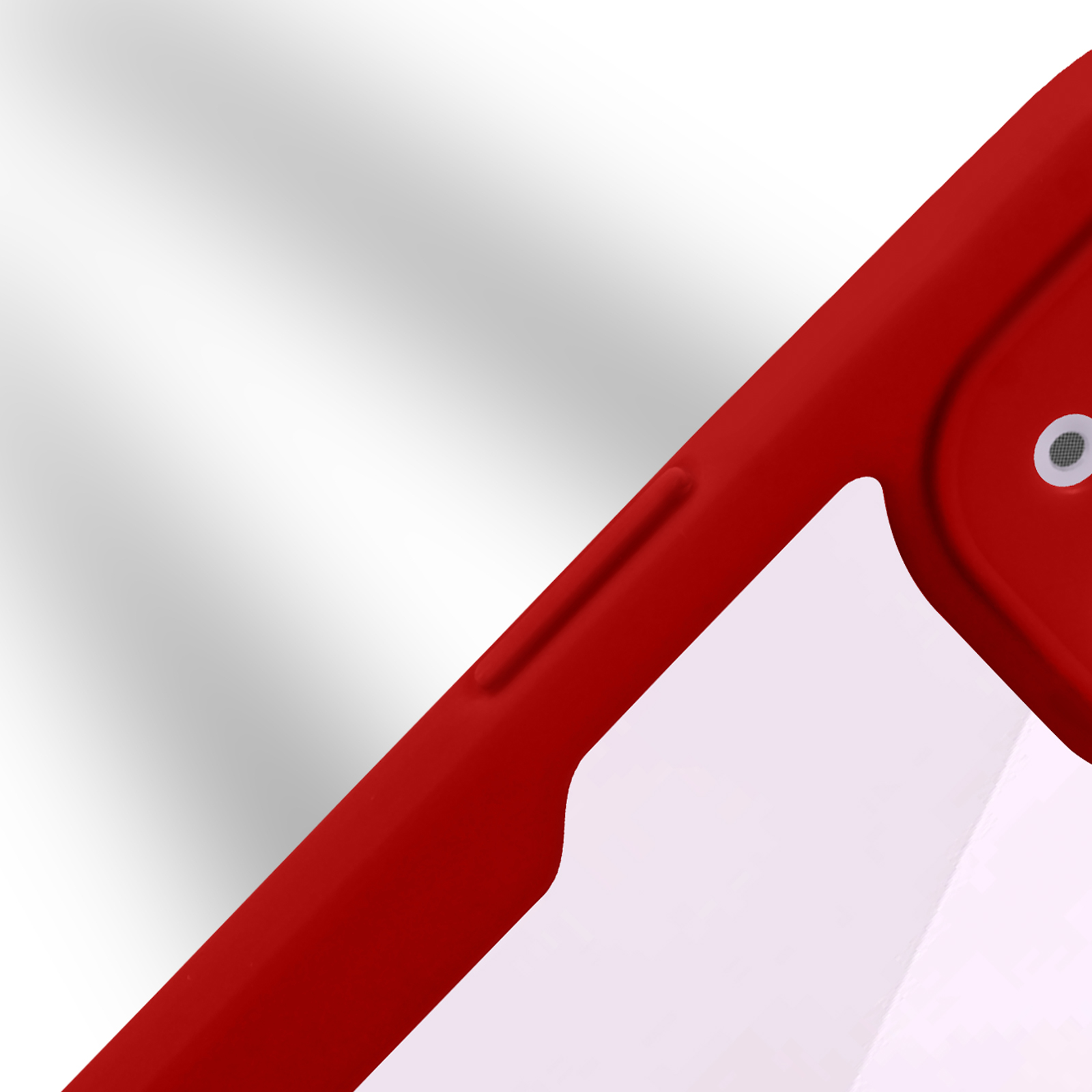 Close-up van een rode telefoonhoes. De zijkant van de hoes is zichtbaar.