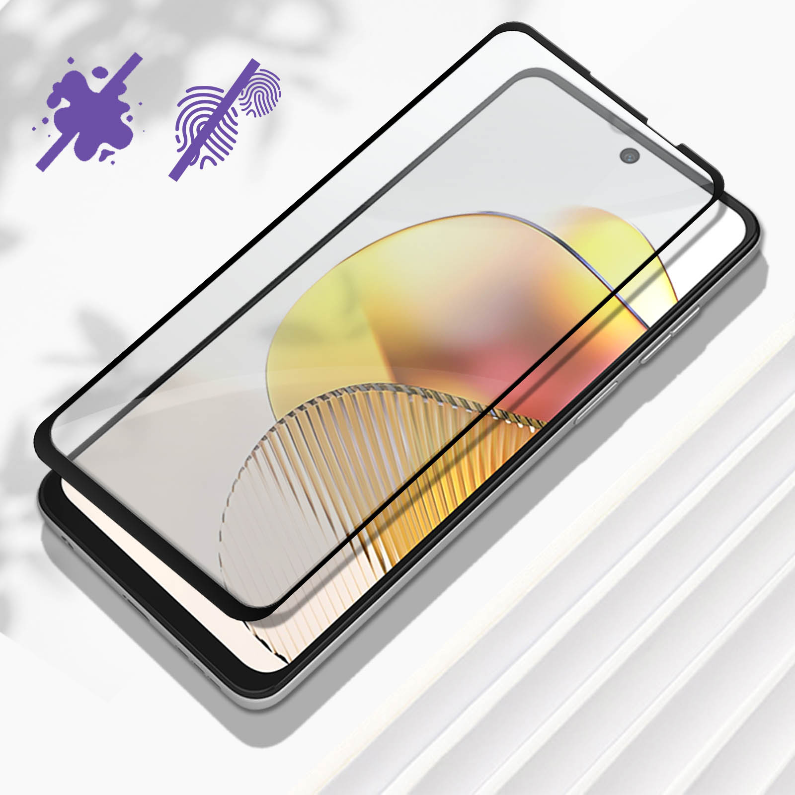 Un telefono con una protezione per lo schermo, con uno sfondo dal design colorato.