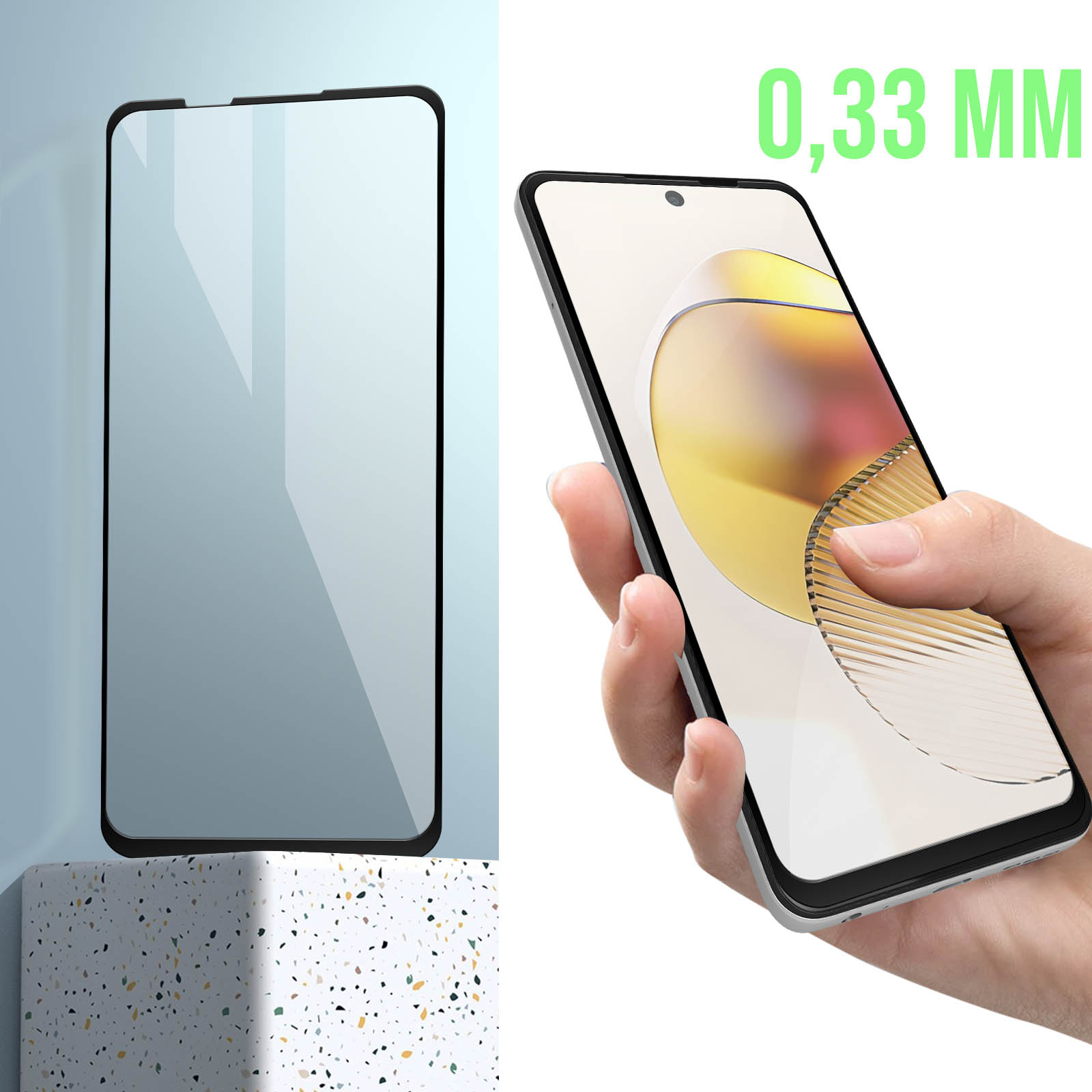 Pellicola protettiva per schermo del telefono su un supporto e tenuta, con il testo '0,33 MM'.