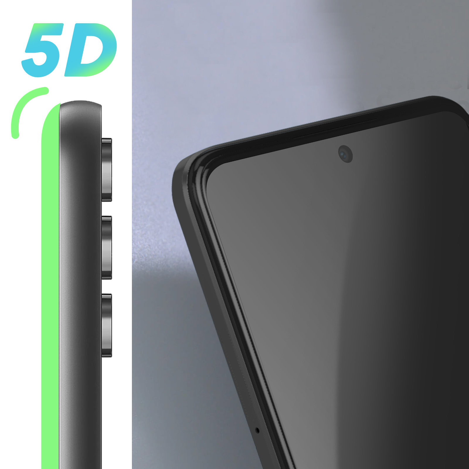 Un telefono nero con una protezione per lo schermo. Il telefono ha un contorno verde.