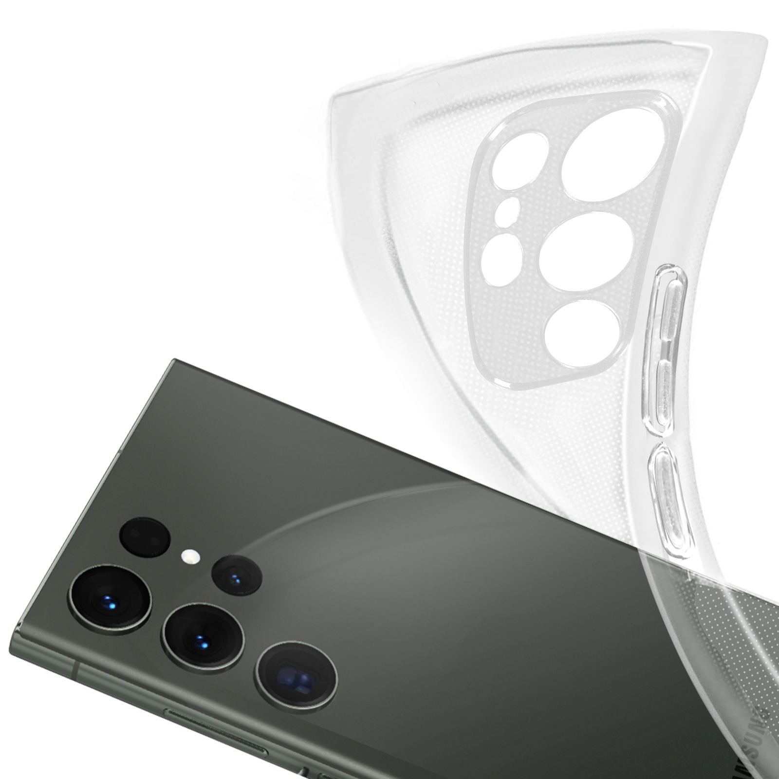 Een telefoon met een doorzichtig hoesje, met de achterkant van de telefoon zichtbaar, tegen een witte achtergrond.