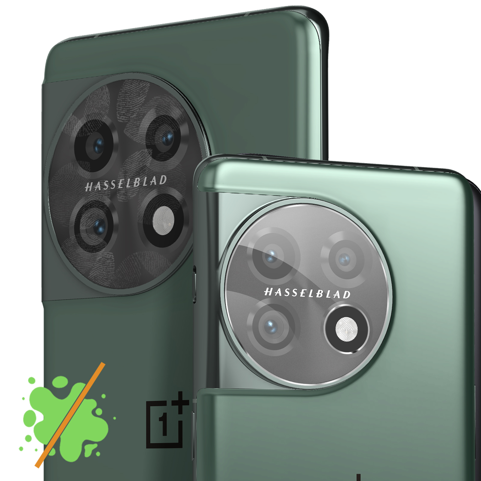Due telefoni verdi con configurazioni fotocamera Hasselblad. Uno ha una custodia, l'altro no.