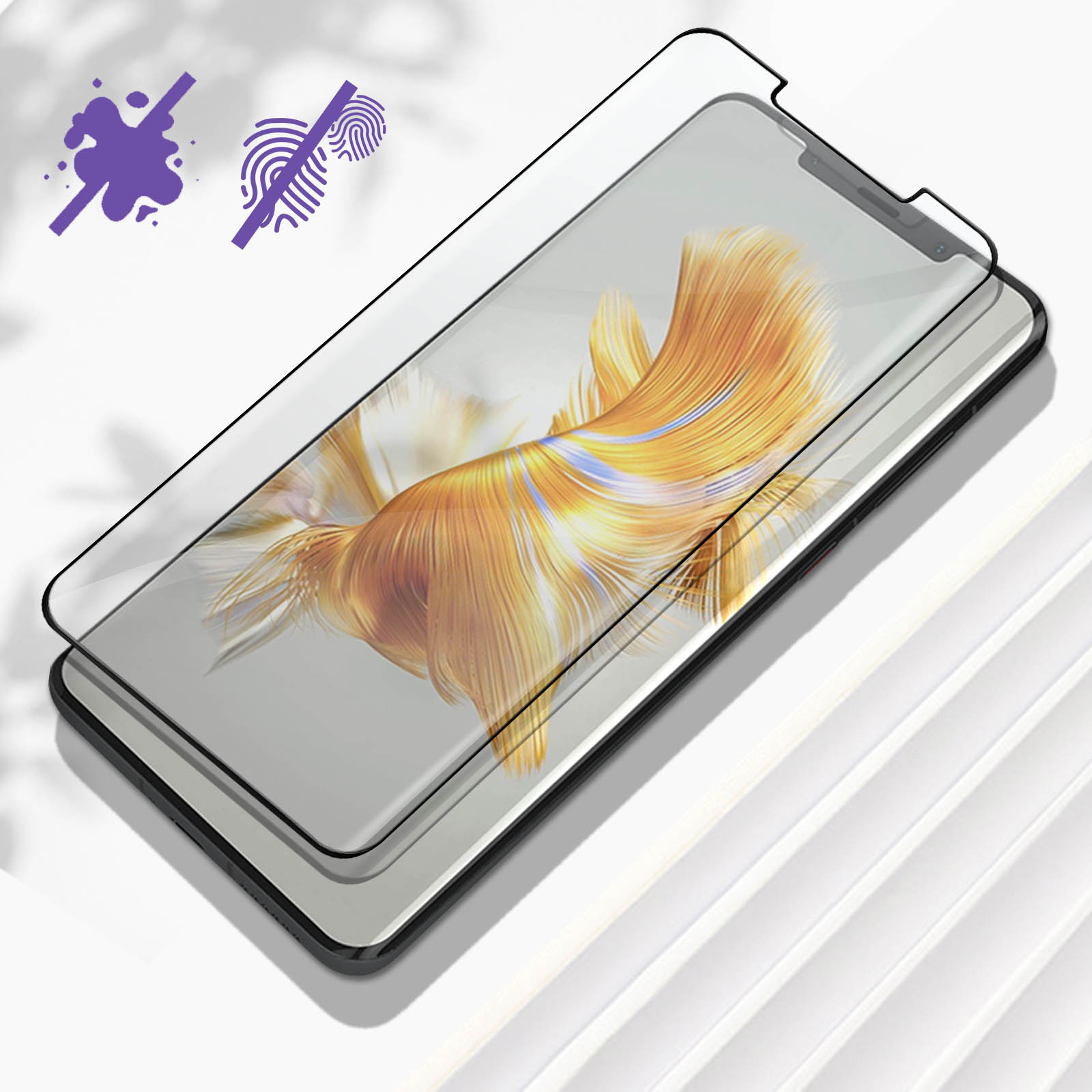 Due protezioni per schermo su un telefono. Simboli di impronte digitali e schizzi in alto a sinistra.