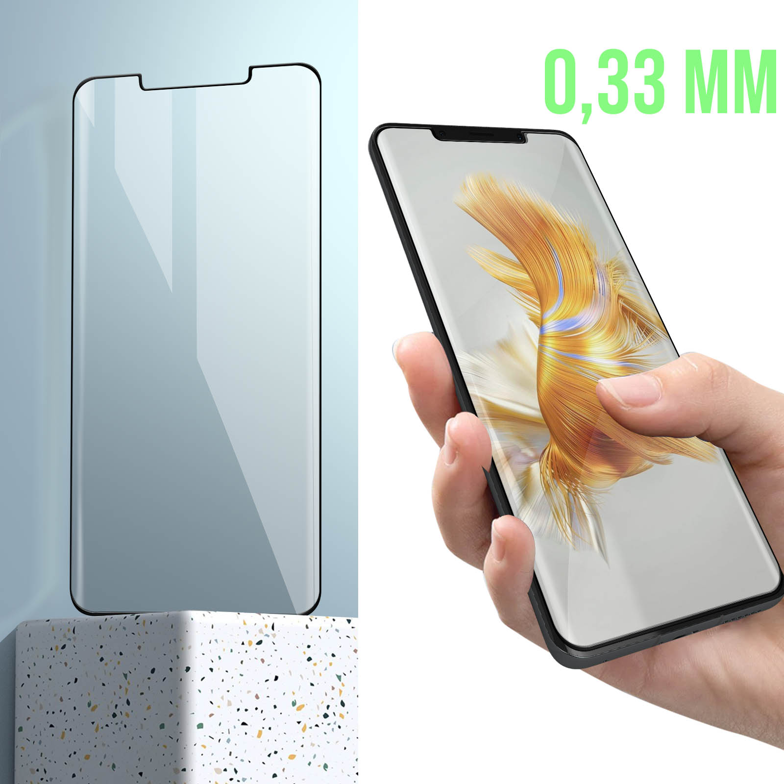 Un telefono con protezione per lo schermo. Una mano tiene il telefono. Il testo '0,33 MM' è presente.