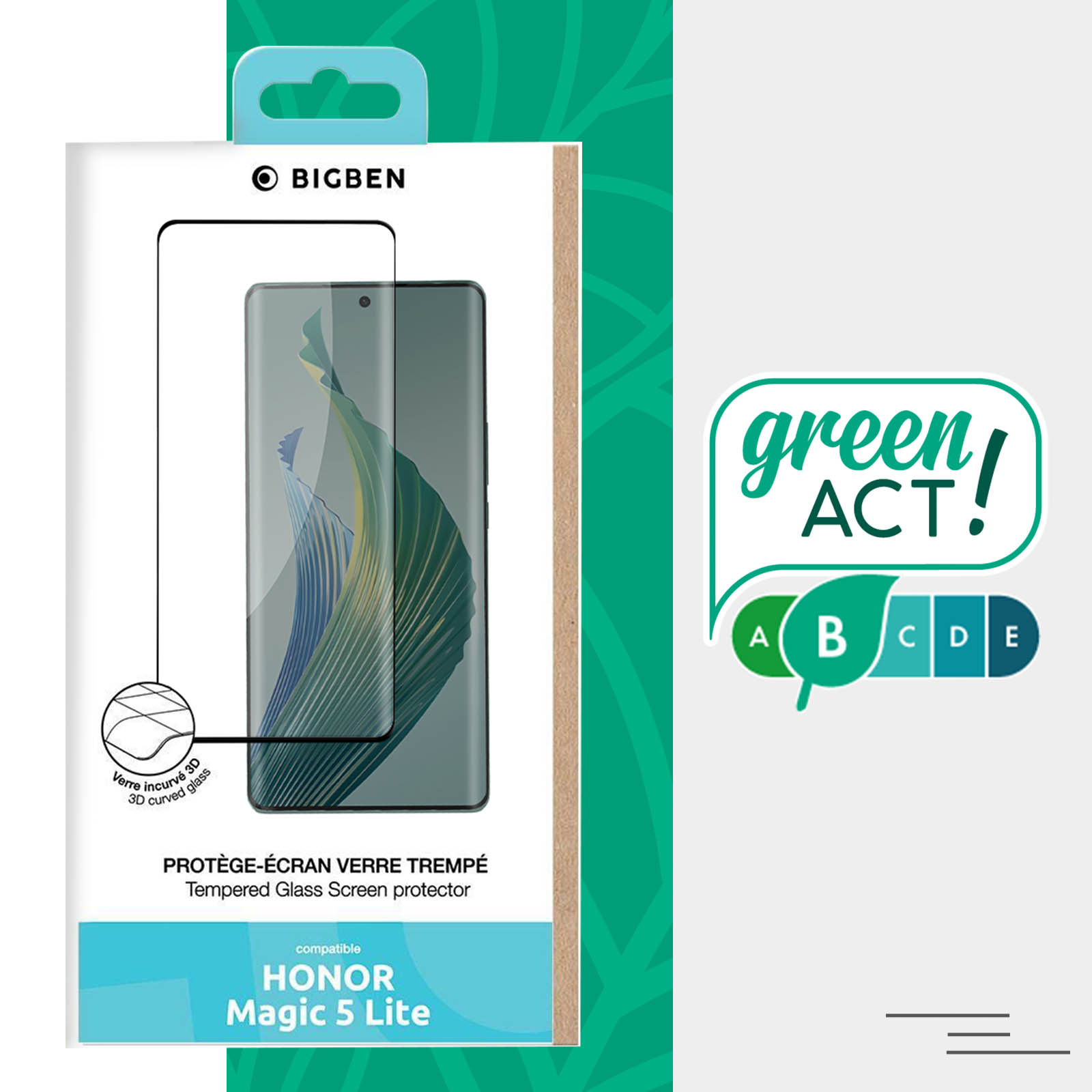 Confezione del proteggi schermo per telefono. Valutazione Green Act a destra.