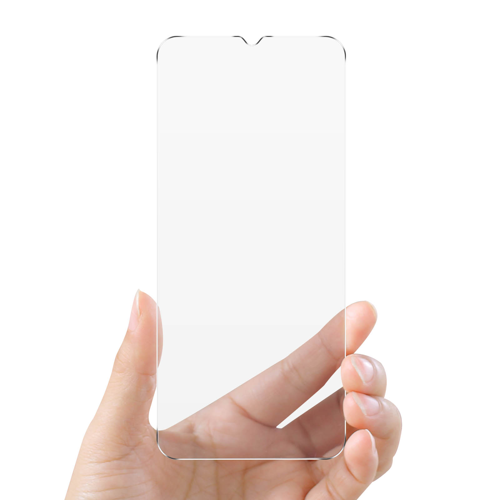 Mano che tiene una protezione per lo schermo trasparente per un telefono.