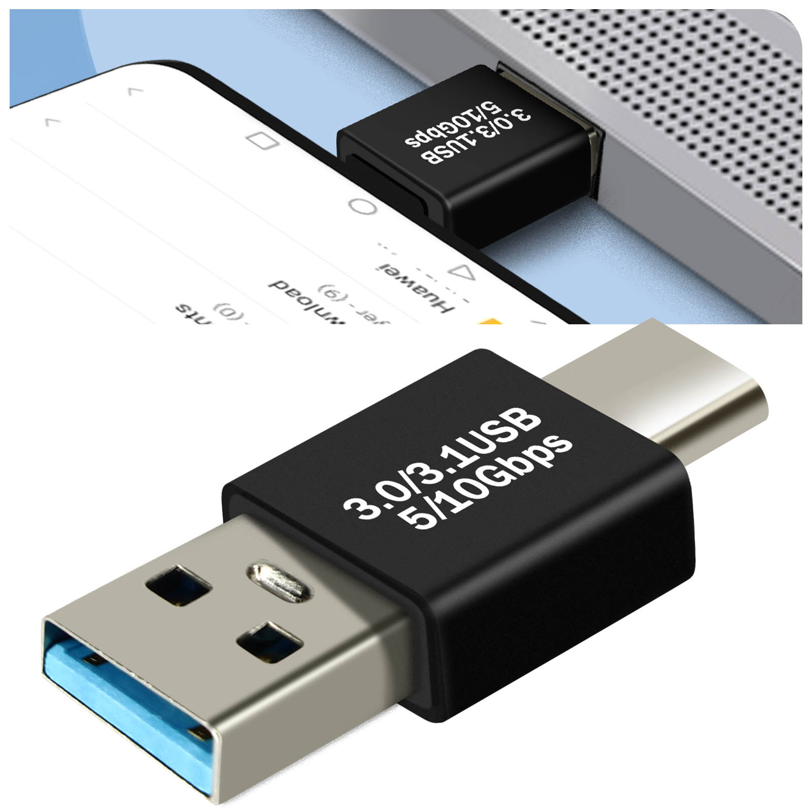 Adattatore USB nero con testo 3.0/3.1 USB 5/10 Gbps. Mostrato collegato a un laptop e a un telefono.