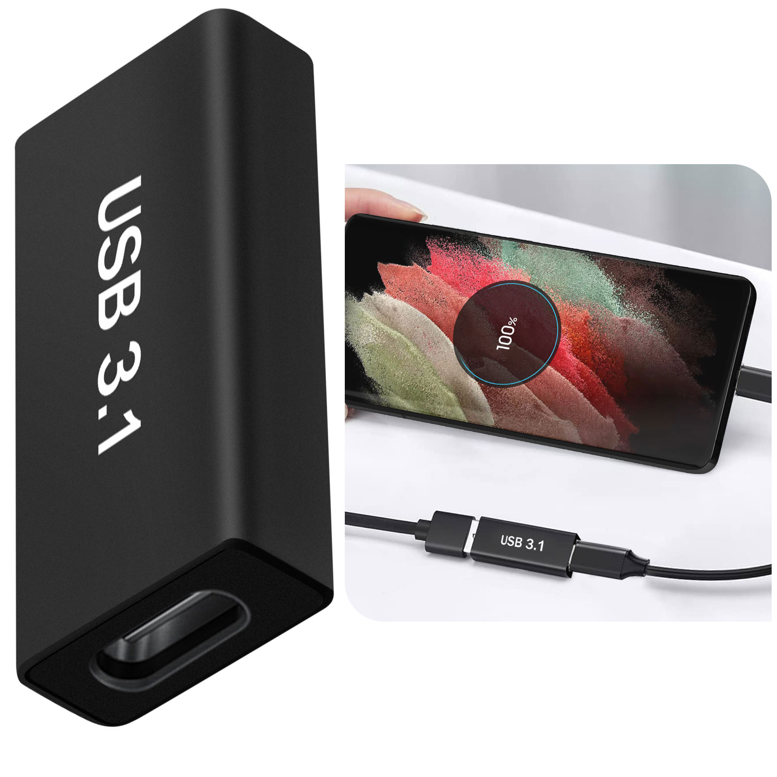 Adattatore USB 3.1 nero accanto a un telefono in carica. Lo schermo mostra carica al 100%.