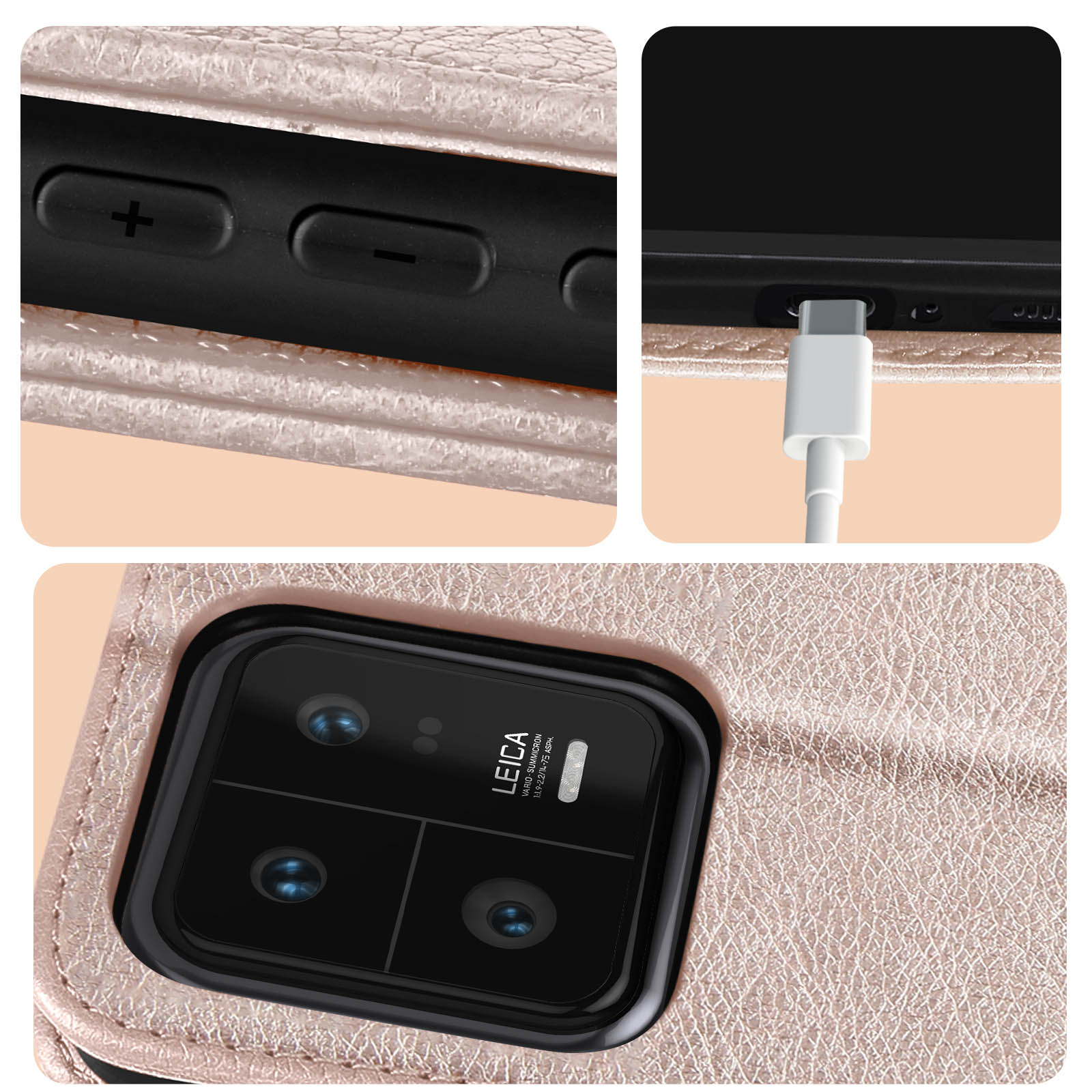 Gros plan sur les détails de l'étui du téléphone : boutons de volume, port USB et fonctionnalités de l'appareil photo.
