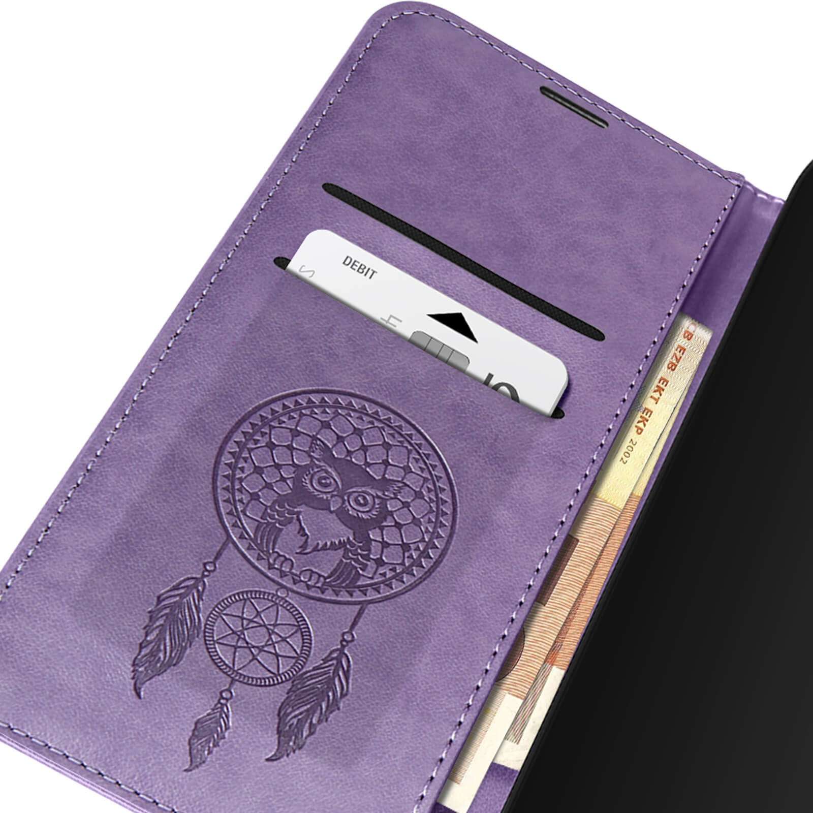 Custodia viola per telefono con design acchiappasogni e carta dentro. Banconote visibili.